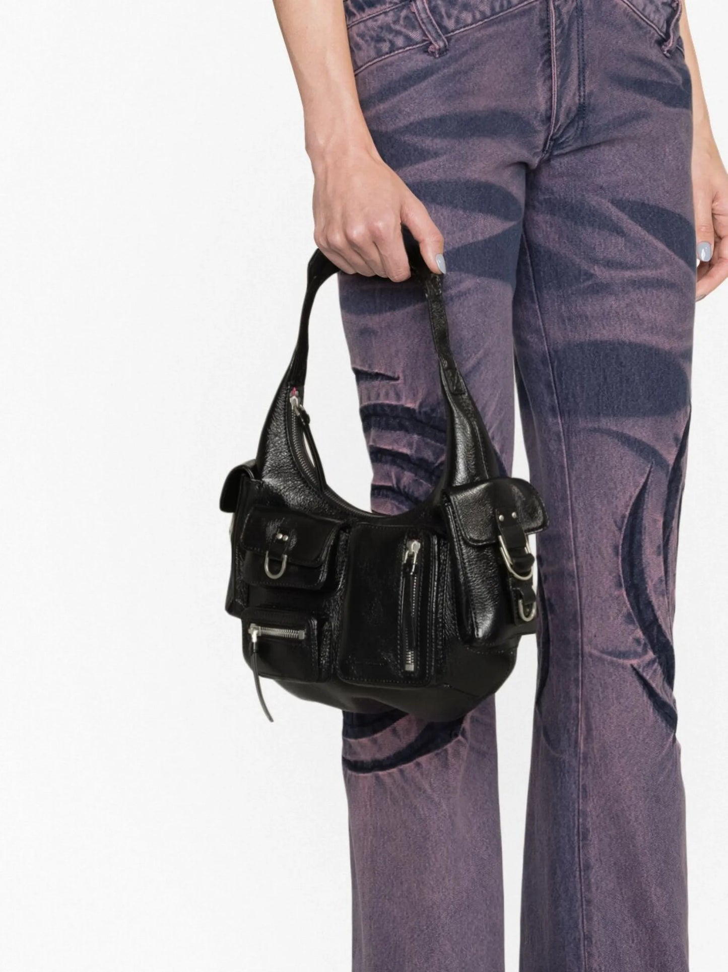 pocket-embellished leather shoulder bag