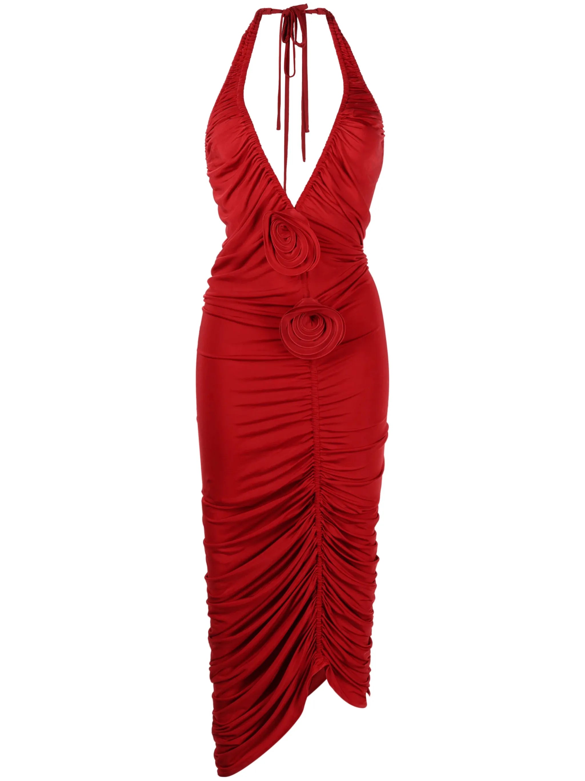floral-appliqué ruched halterneck dress