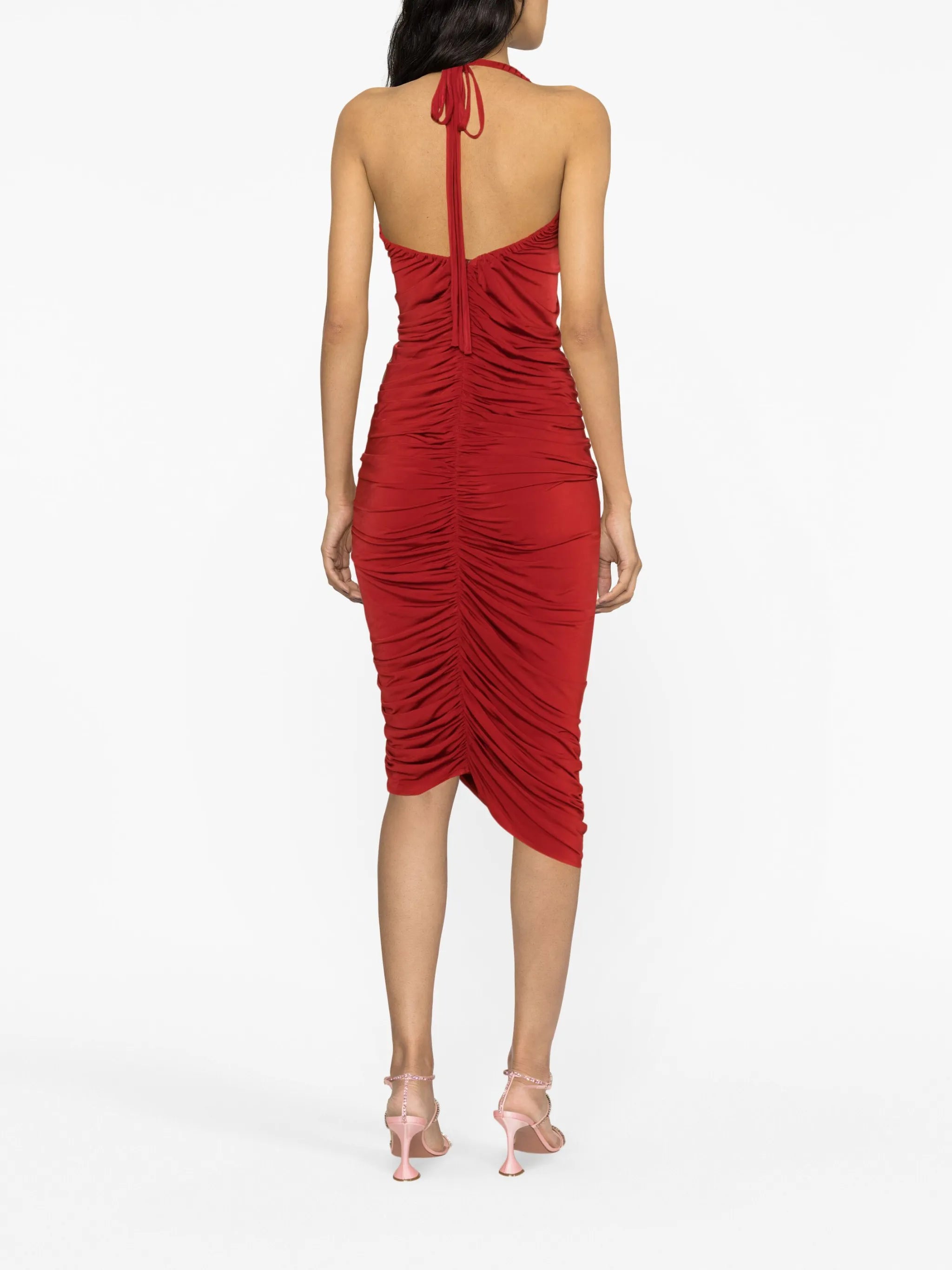floral-appliqué ruched halterneck dress