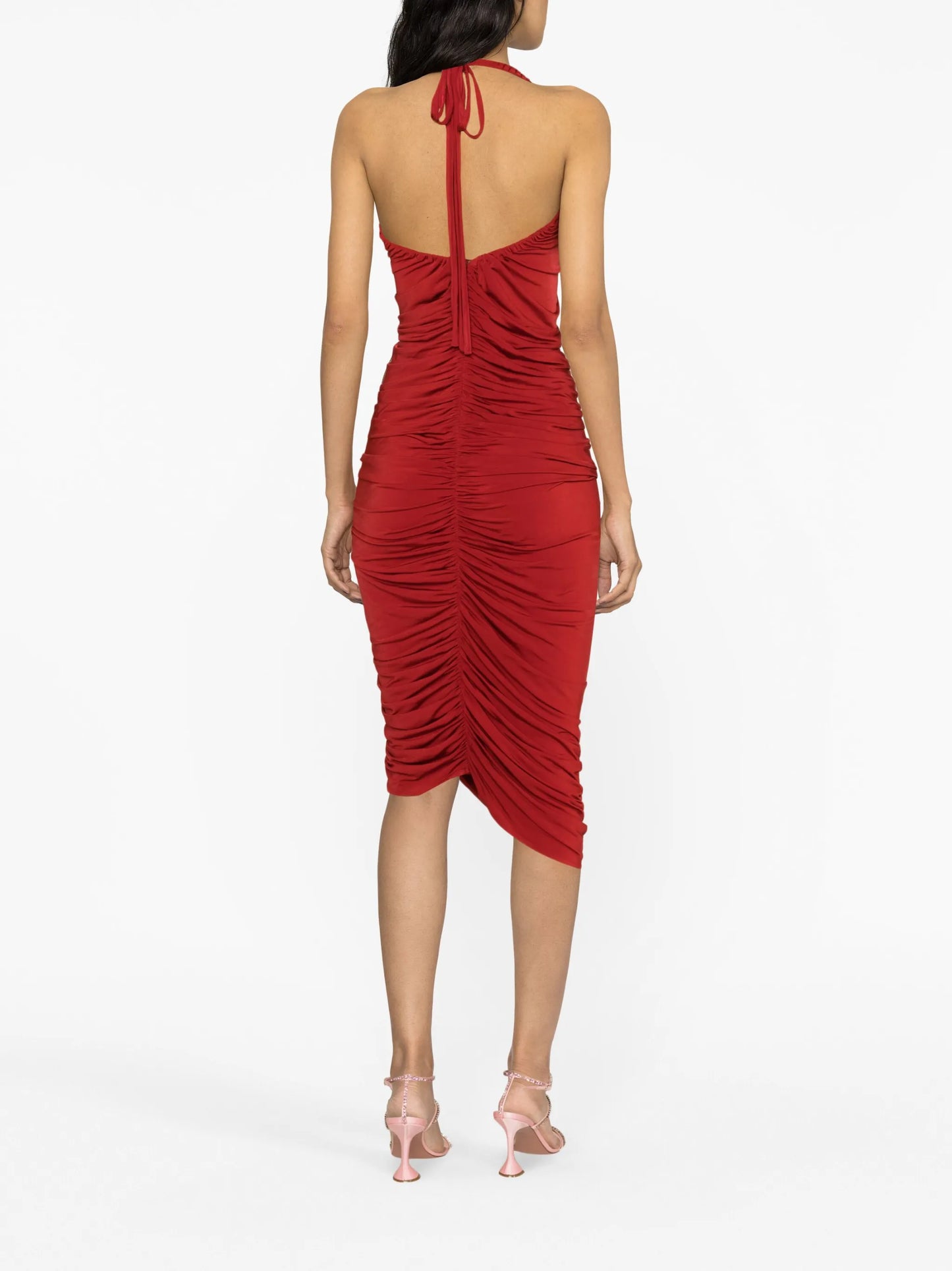 floral-appliqué ruched halterneck dress