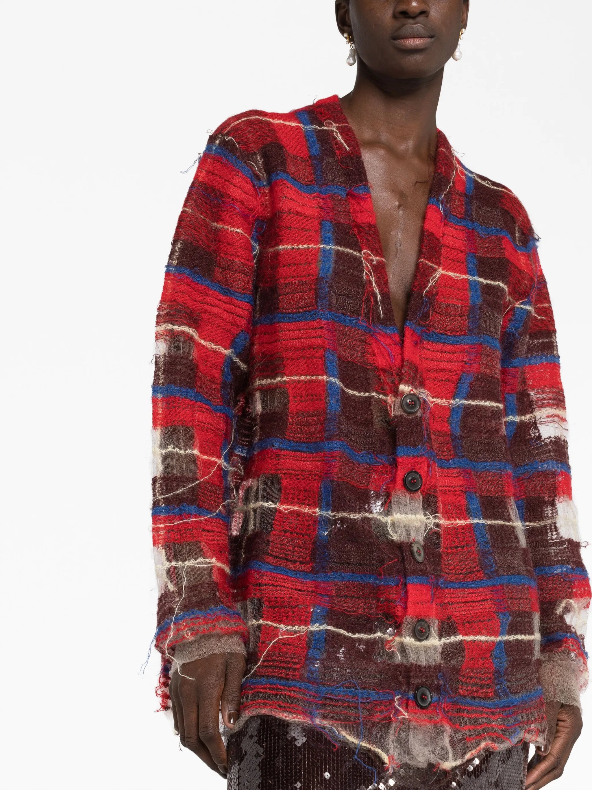 distressed plaid-check print cardigan
