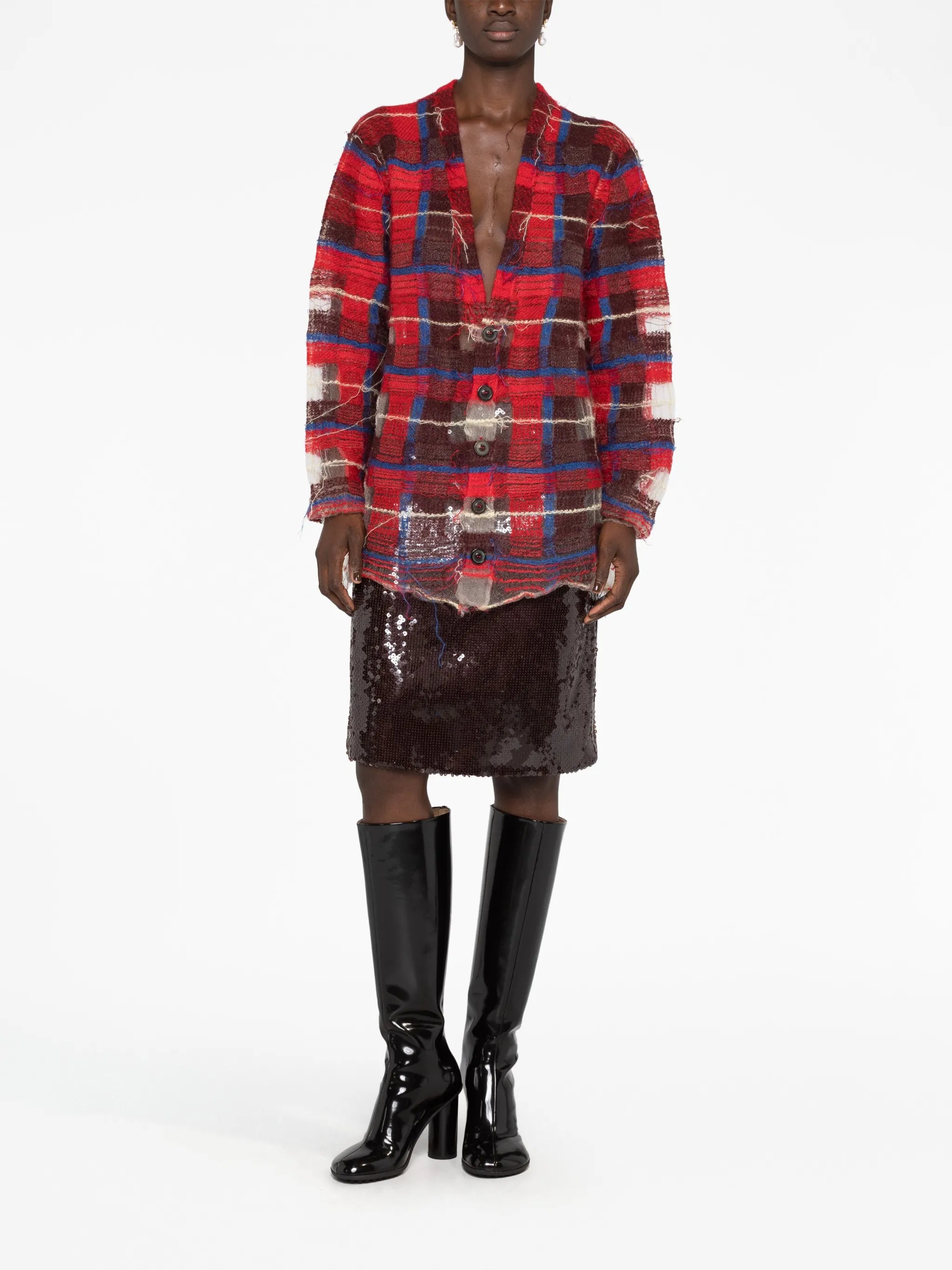 distressed plaid-check print cardigan