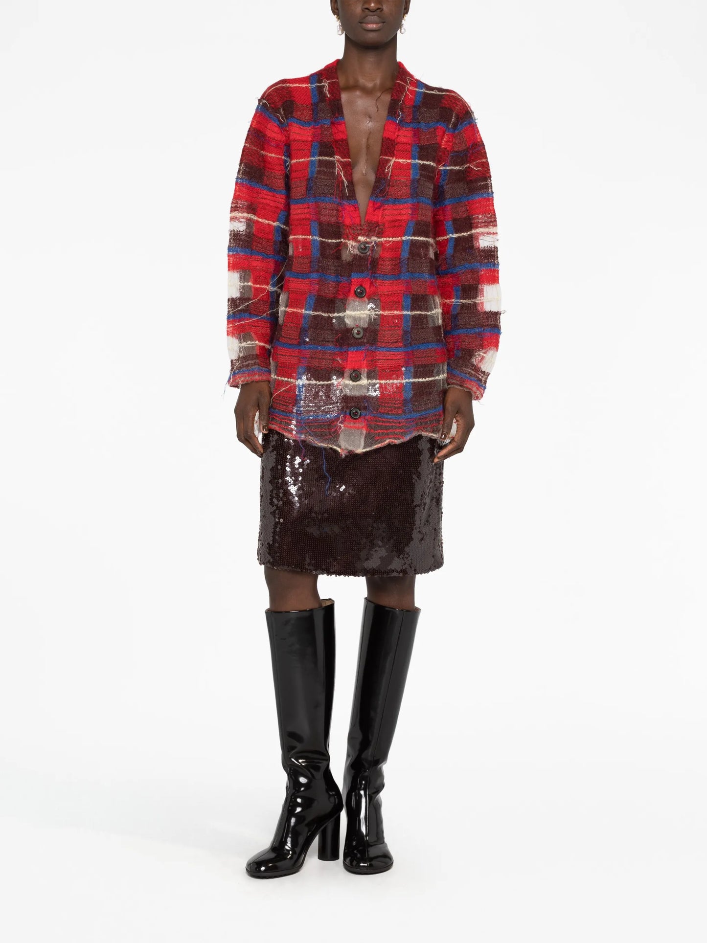 distressed plaid-check print cardigan