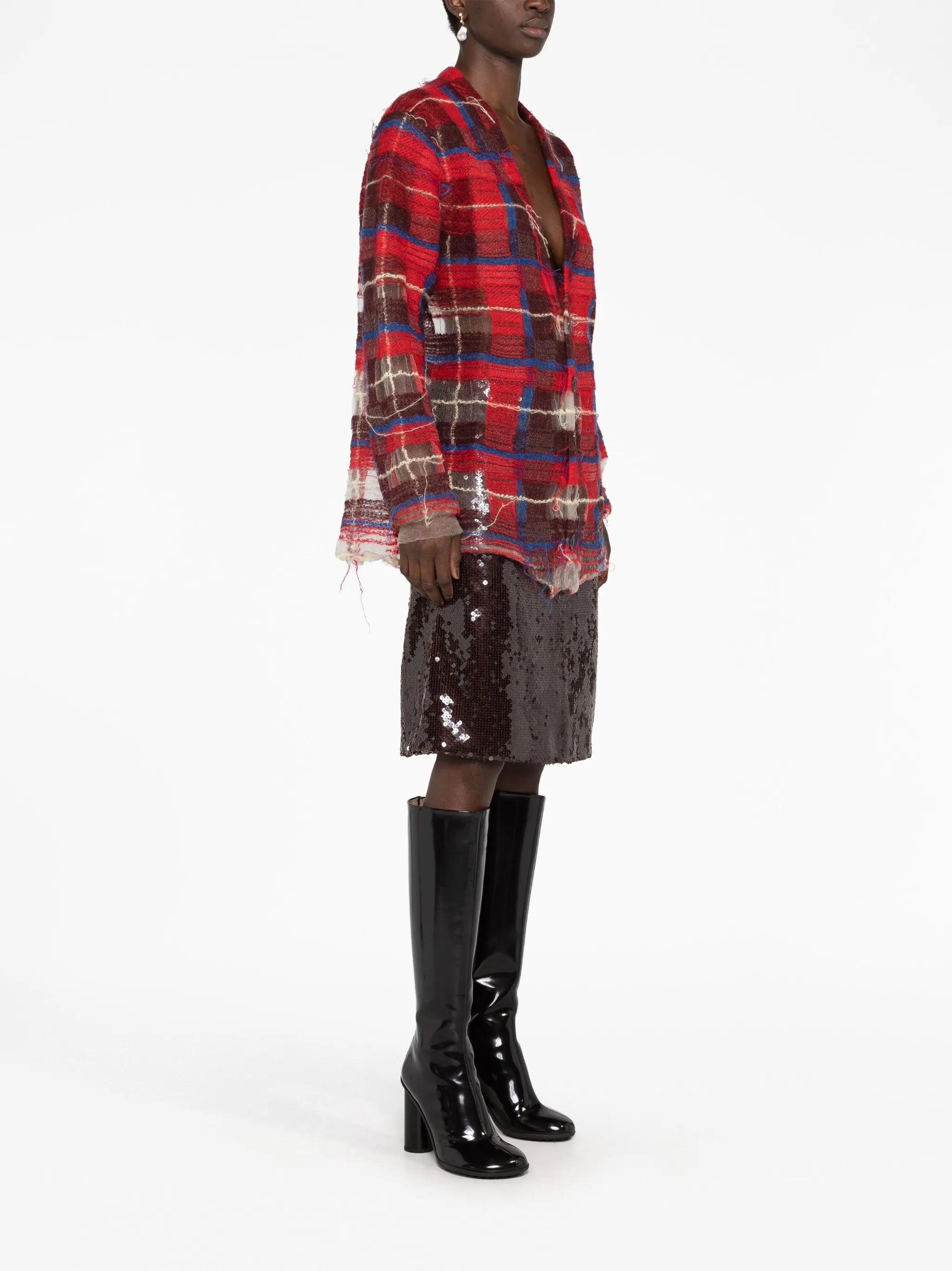 distressed plaid-check print cardigan