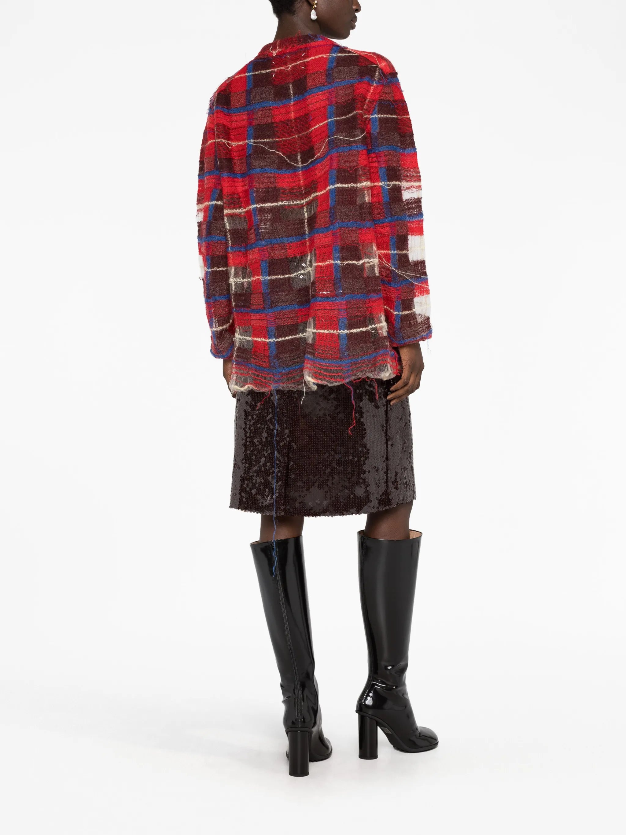 distressed plaid-check print cardigan