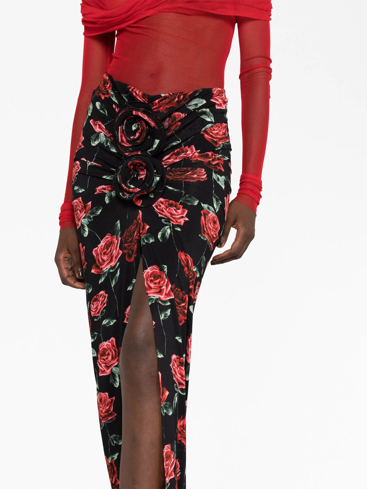 floral-appliqué rose-print skirt