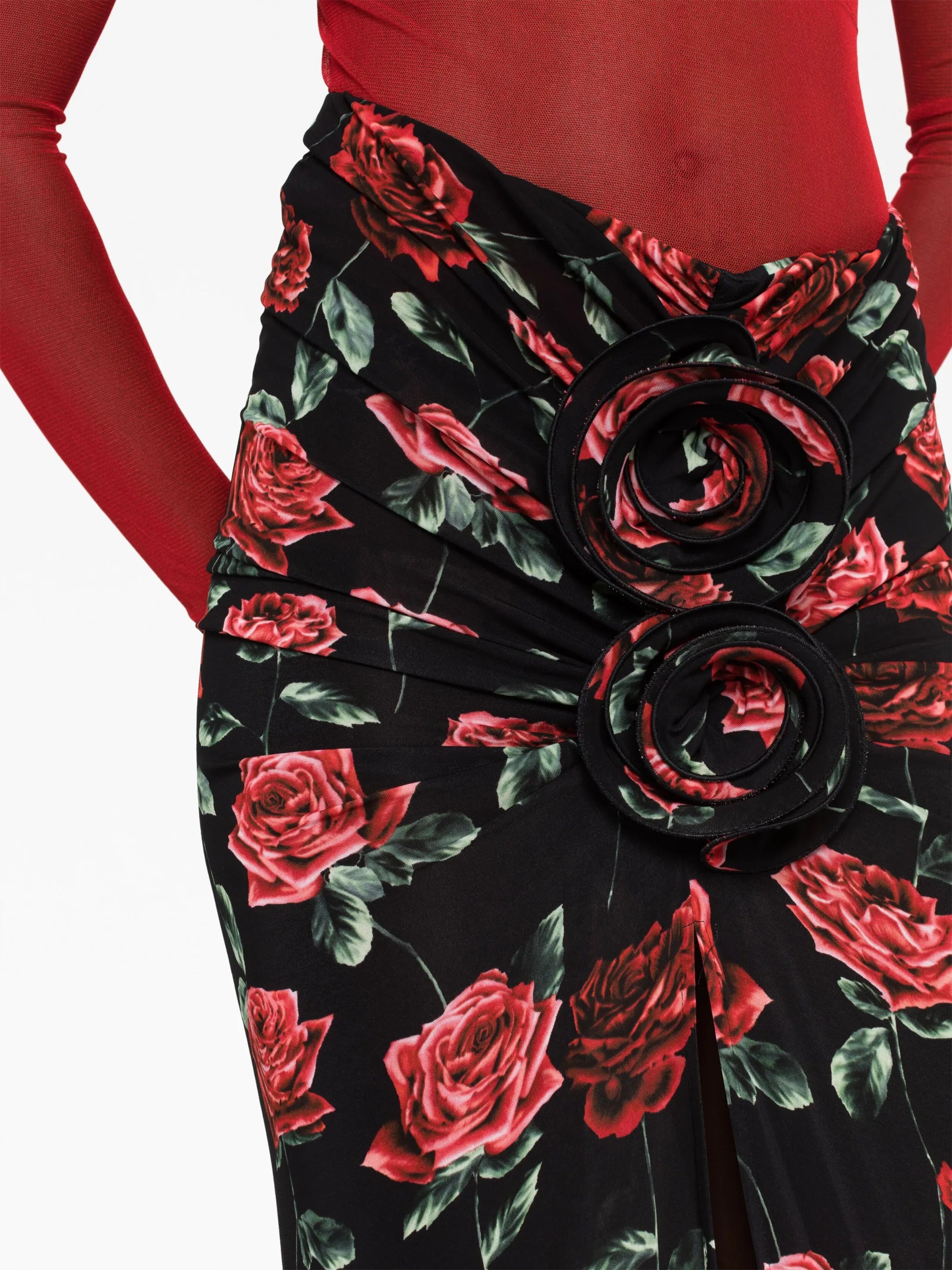 floral-appliqué rose-print skirt