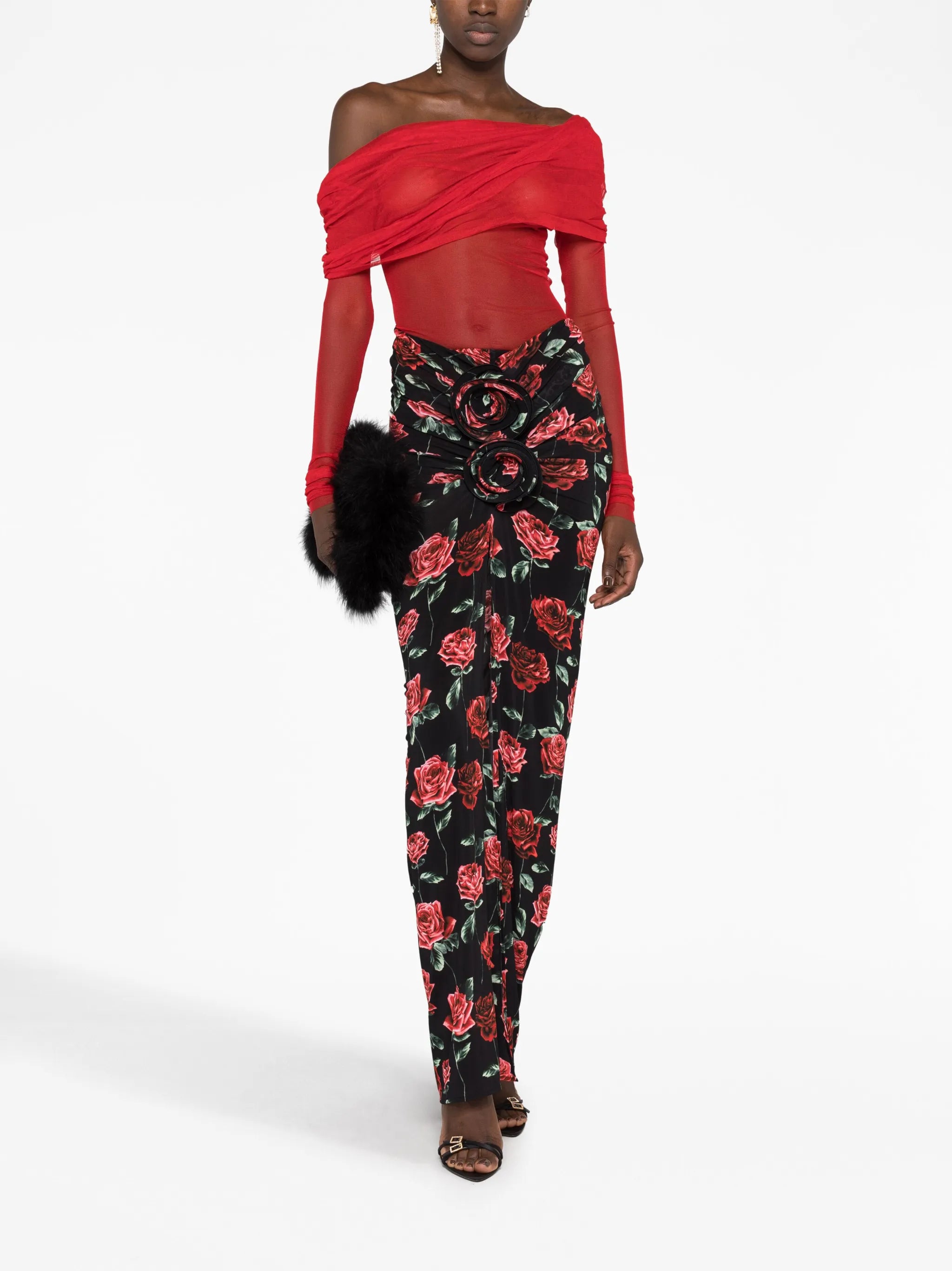 floral-appliqué rose-print skirt