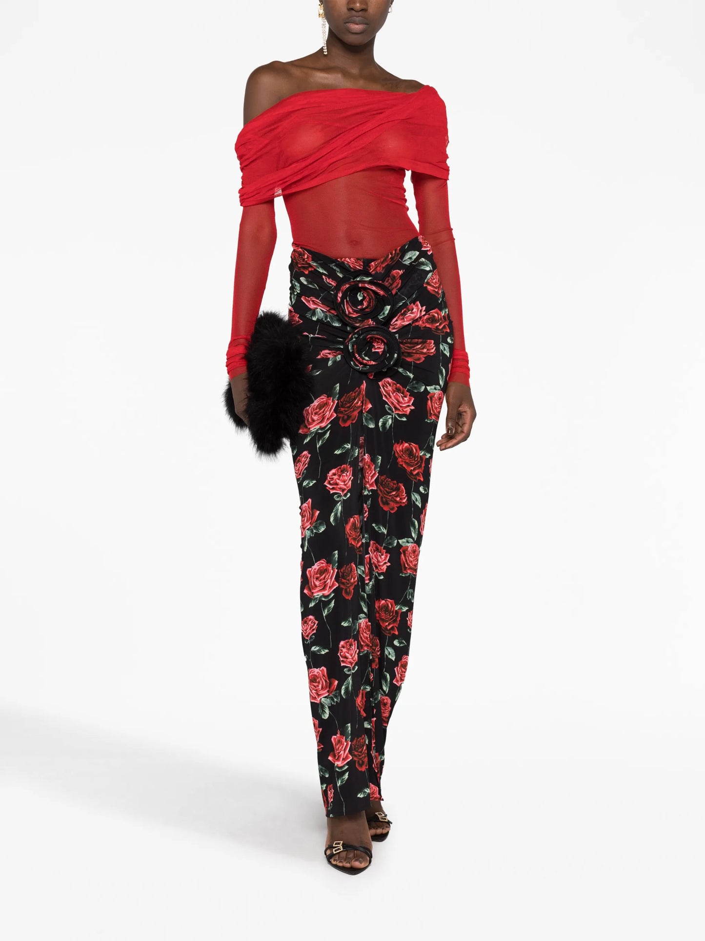 floral-appliqué rose-print skirt