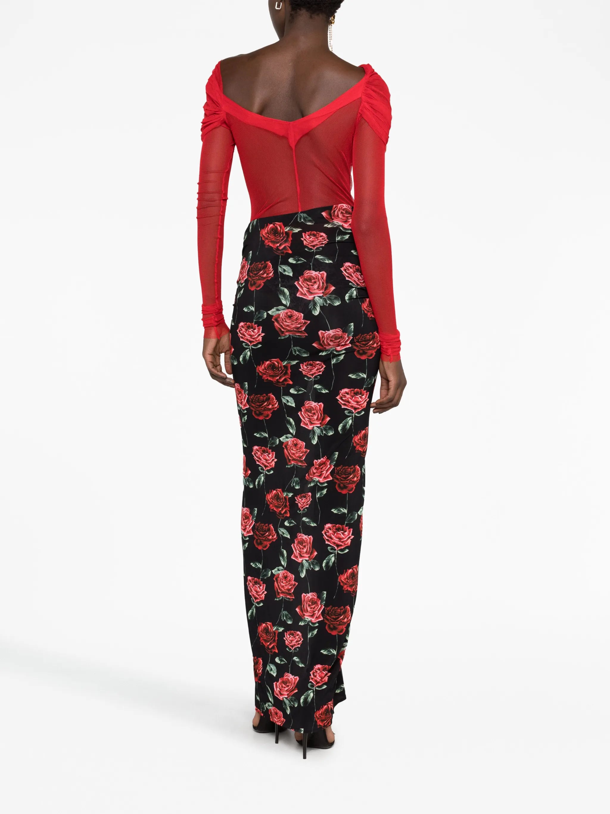 floral-appliqué rose-print skirt