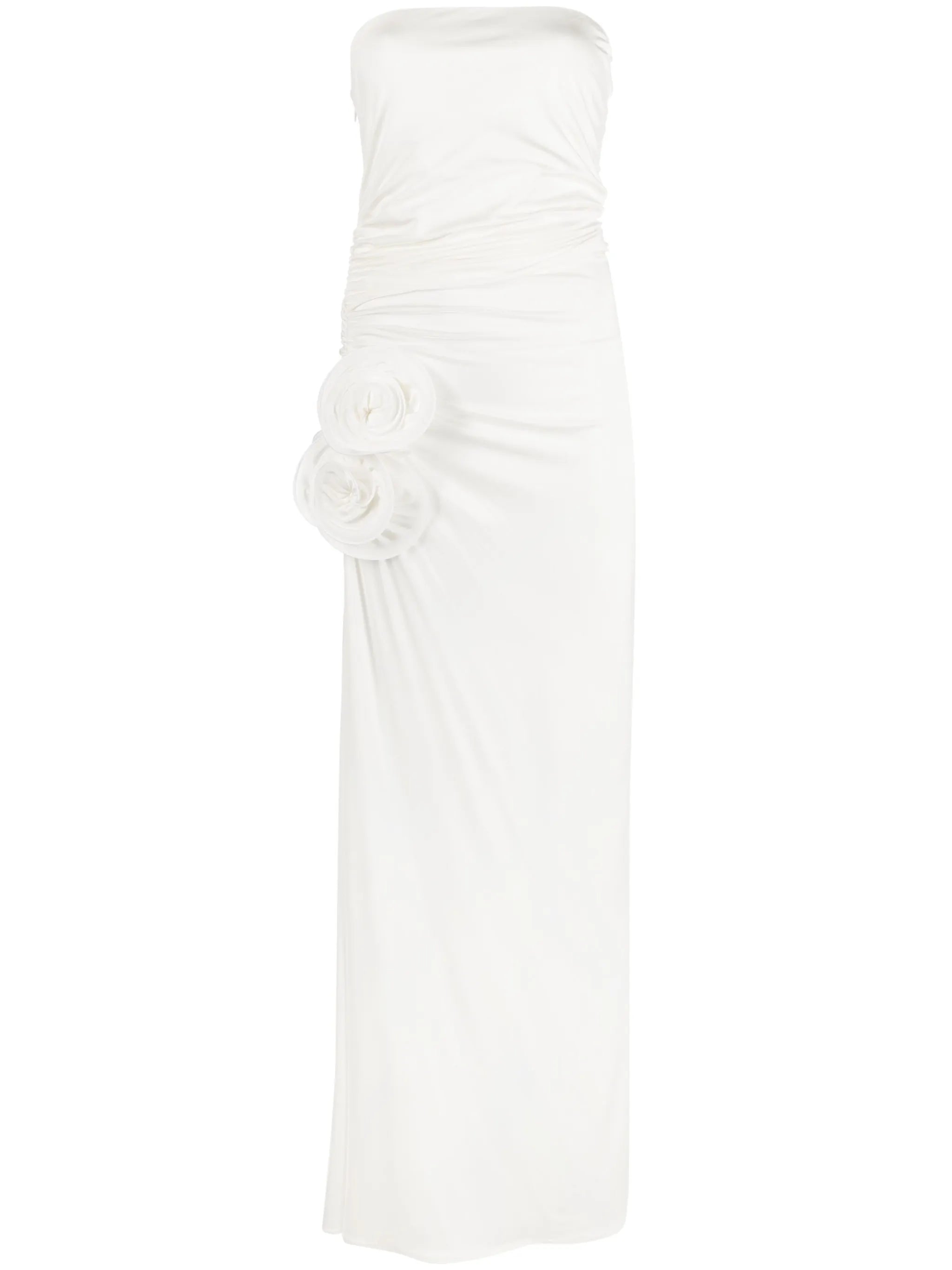 floral-appliqué strapless gown
