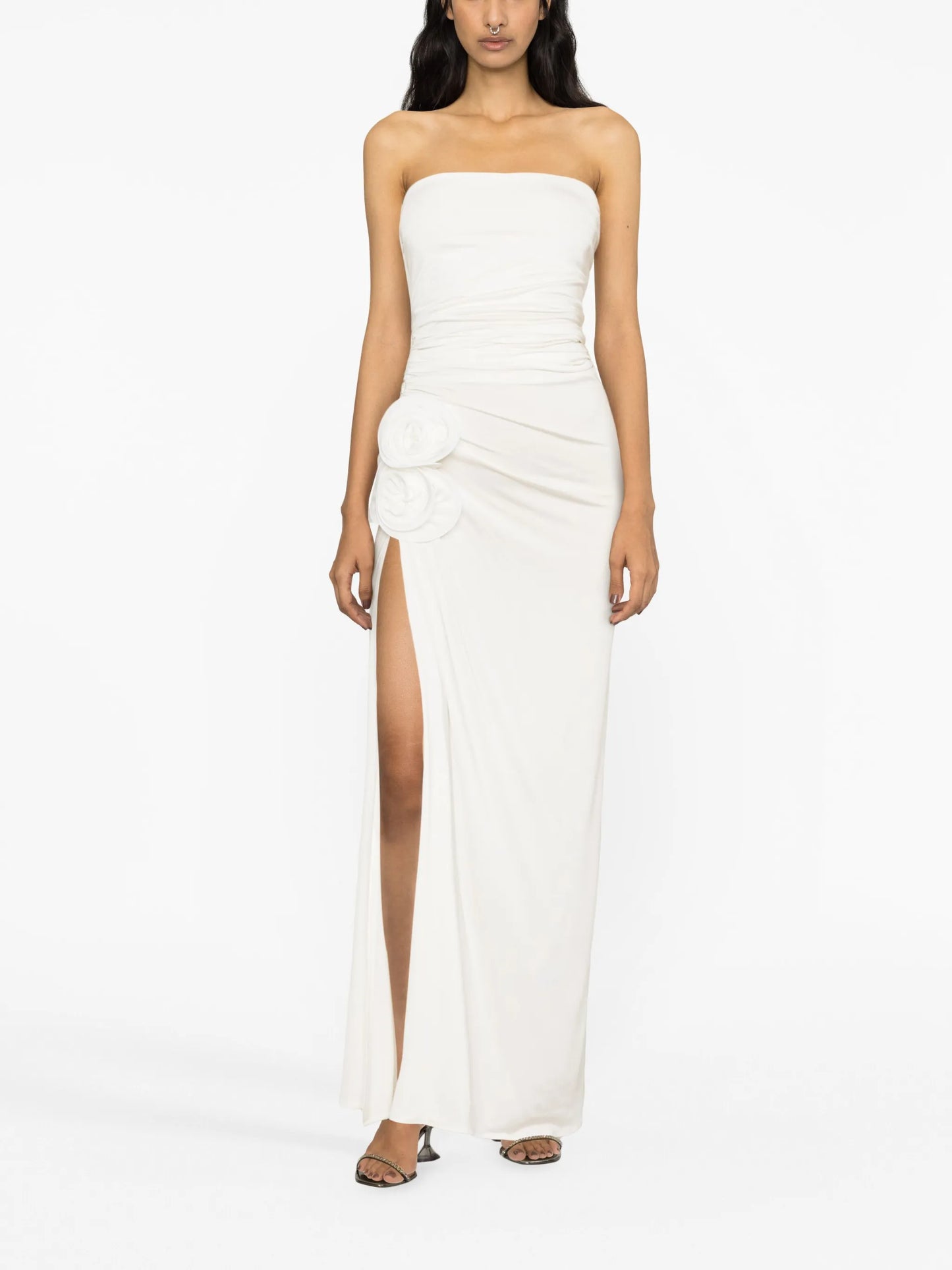 floral-appliqué strapless gown
