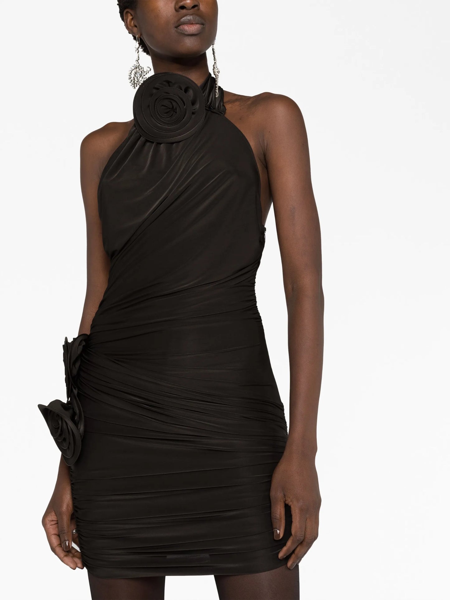 floral-appliqué halterneck silk minidress