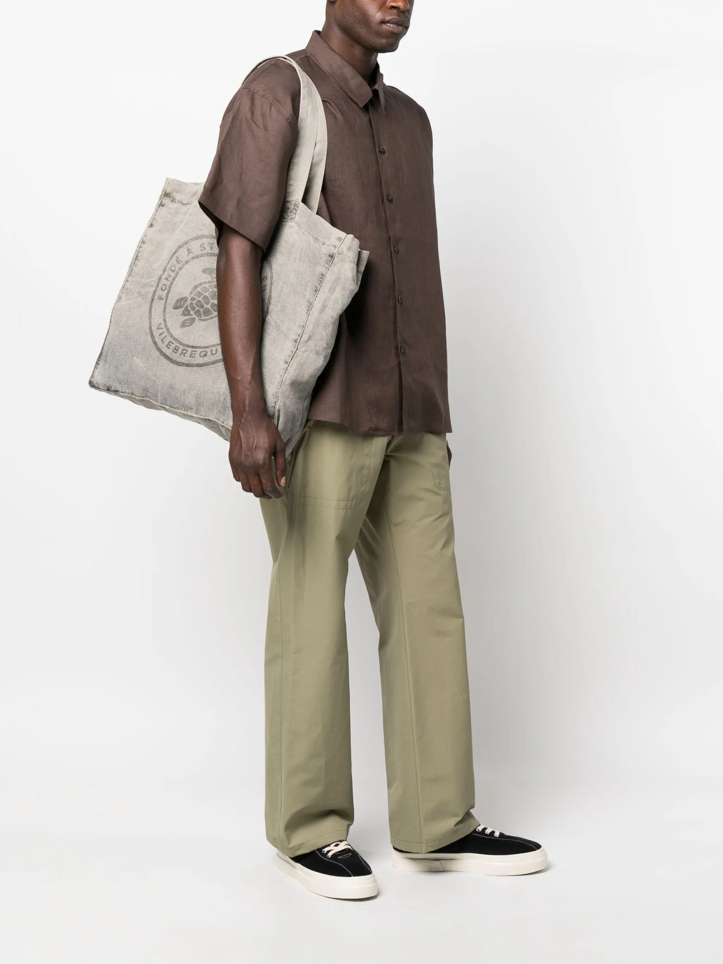 logo-print linen tote bag