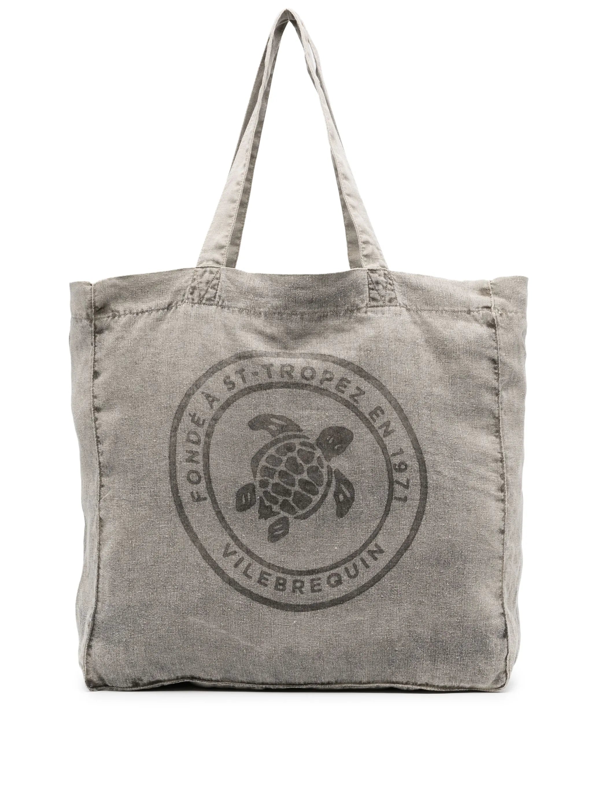 logo-print linen tote bag