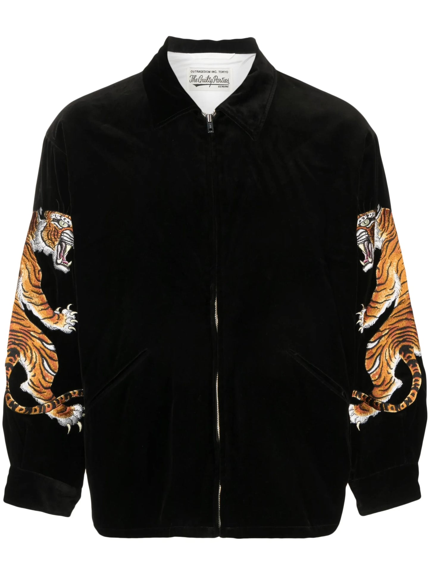 Tigers-embroidered velvet shirt jacket