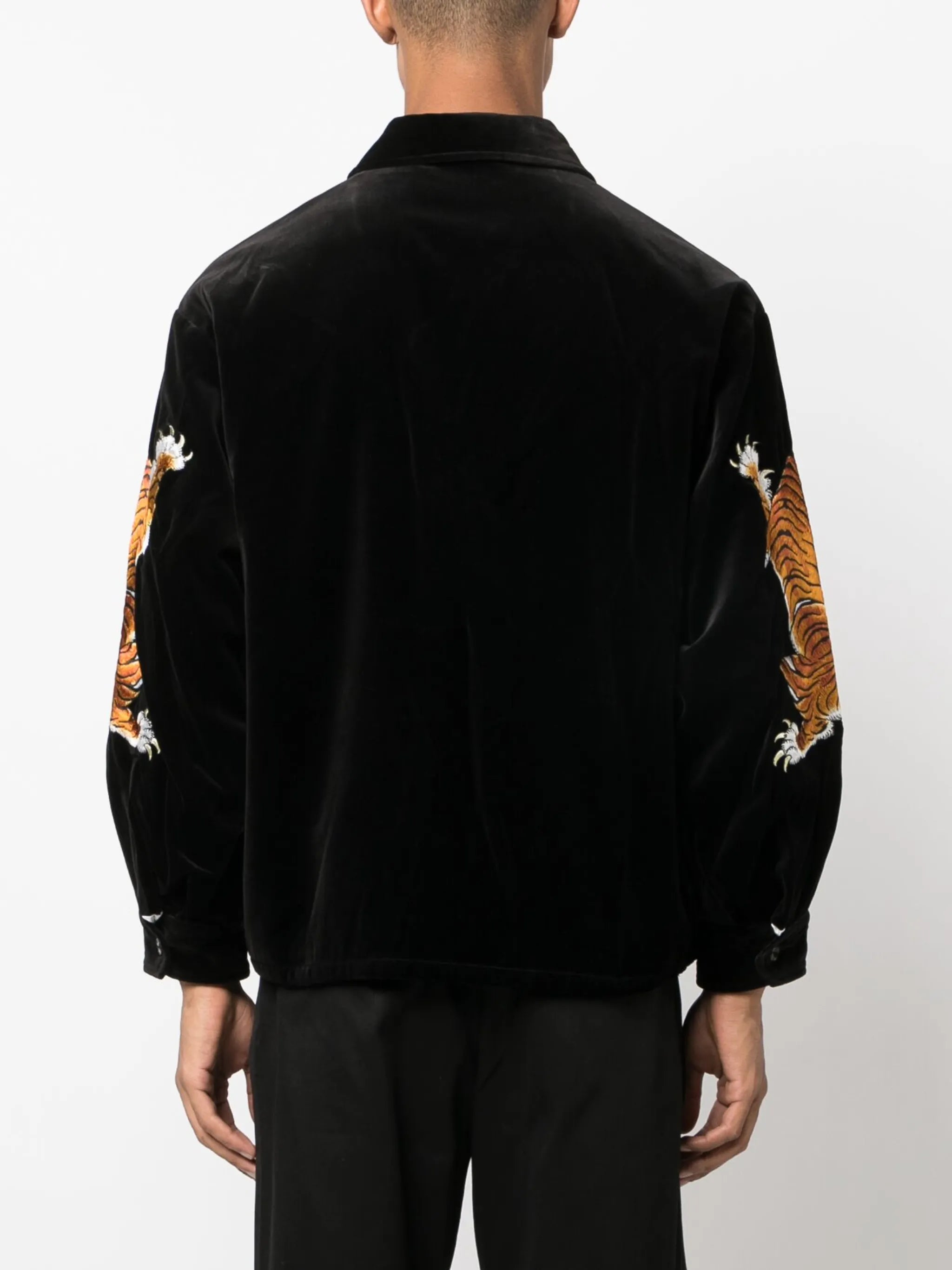 Tigers-embroidered velvet shirt jacket
