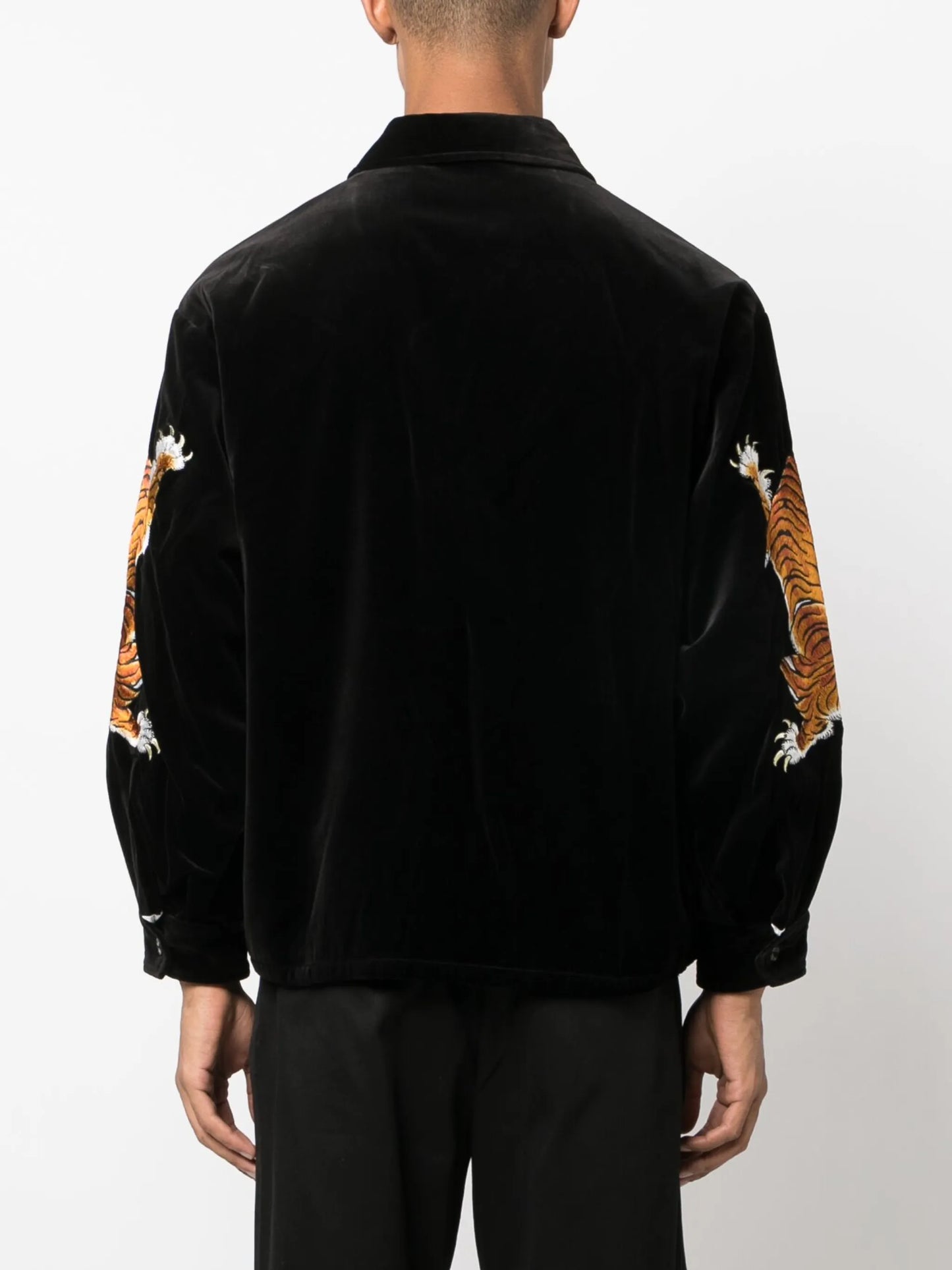 Tigers-embroidered velvet shirt jacket
