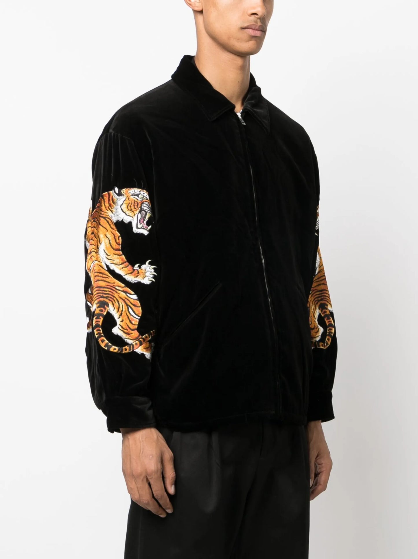 Tigers-embroidered velvet shirt jacket