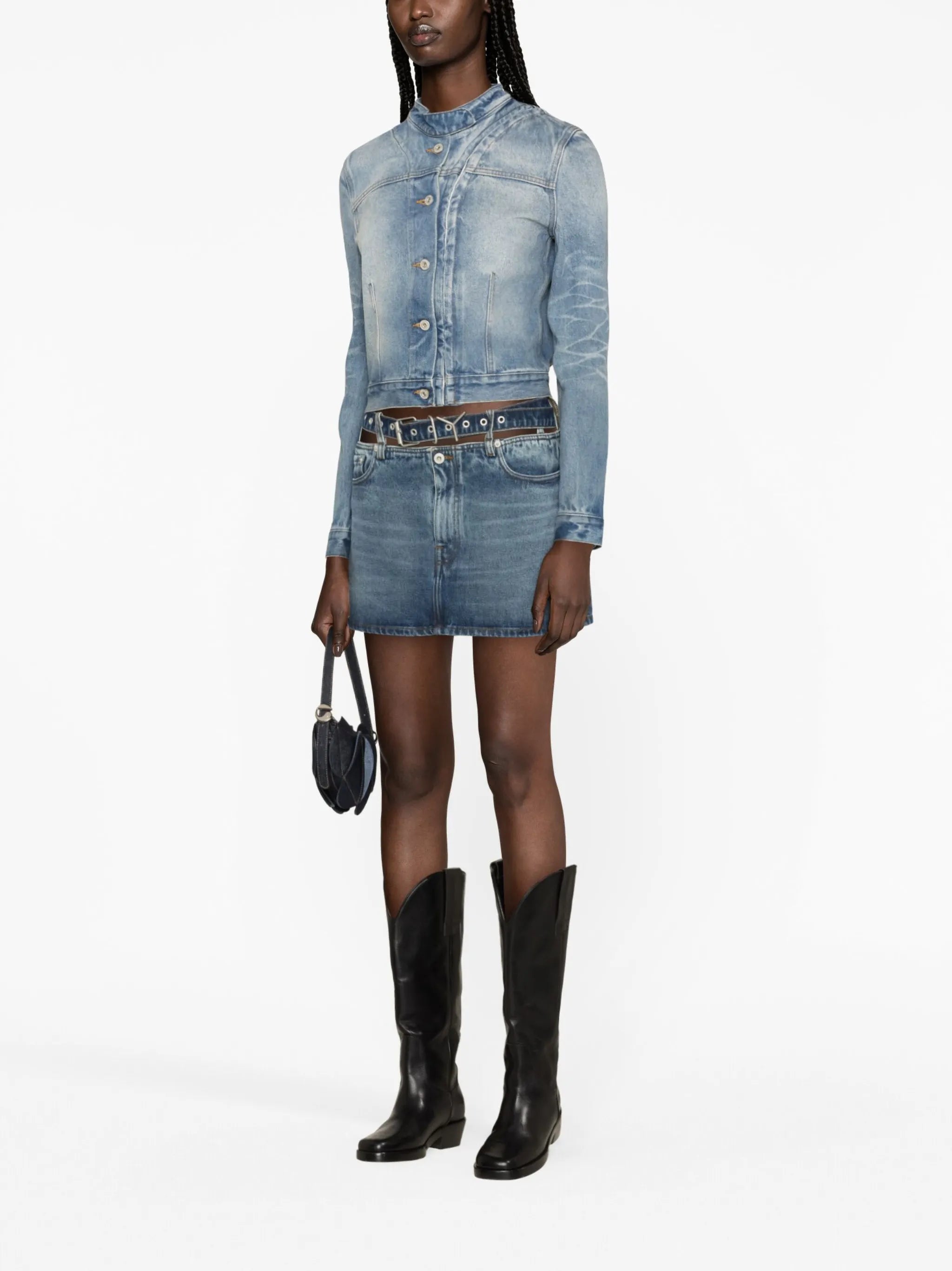 Y belt denim miniskirt