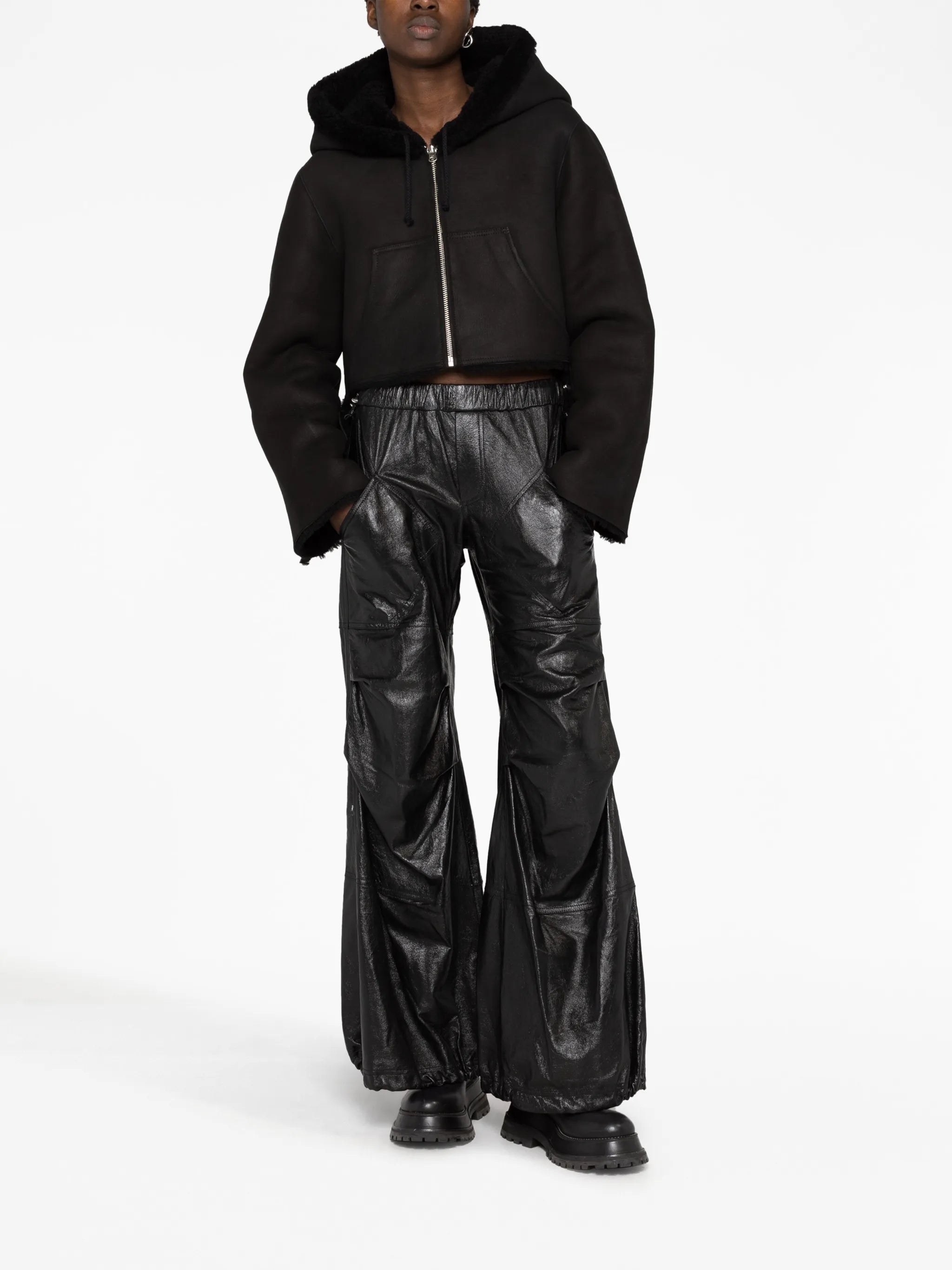 gathered wide-leg leather trousers