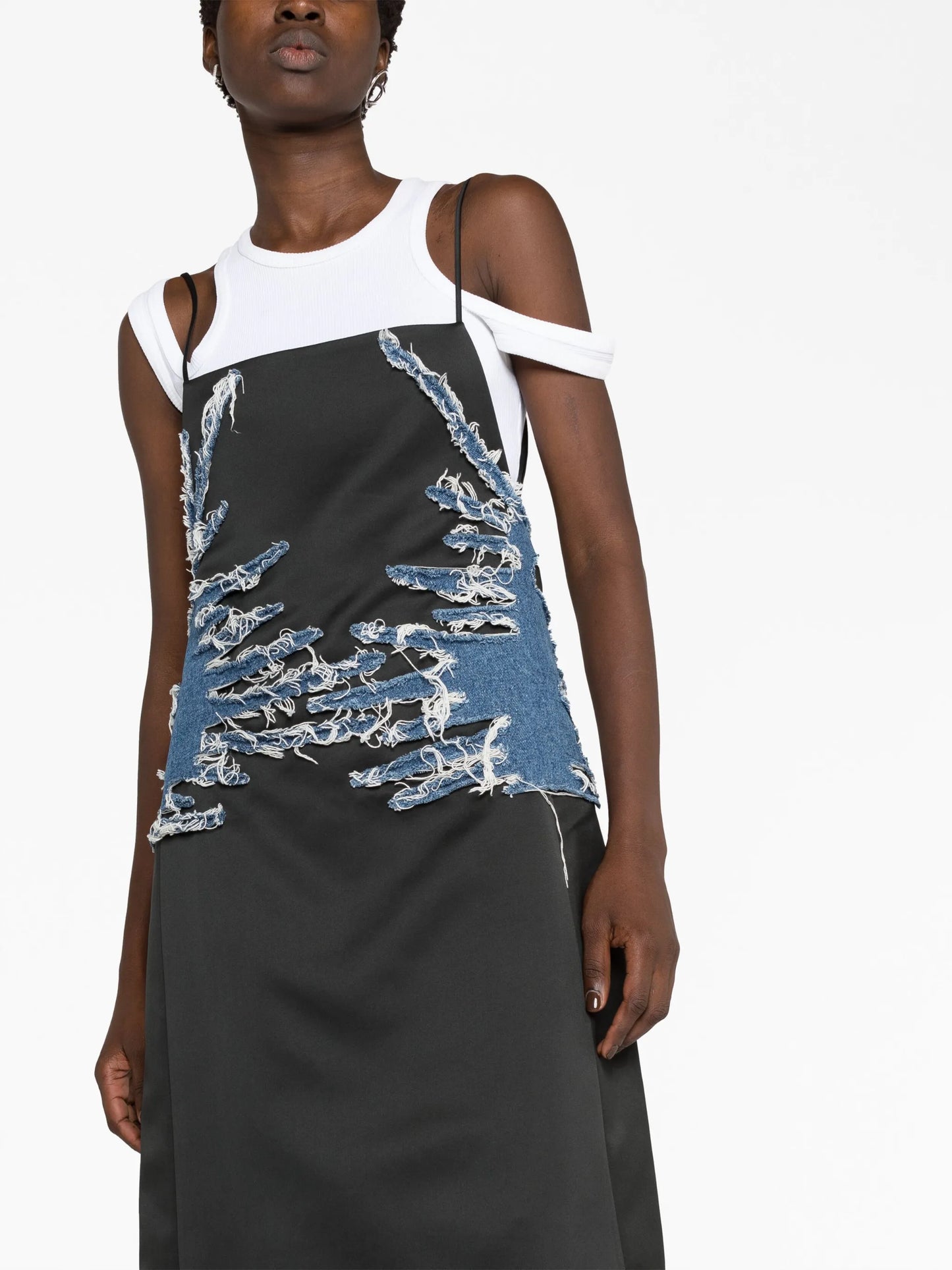 Whisker denim-panelled satin dress