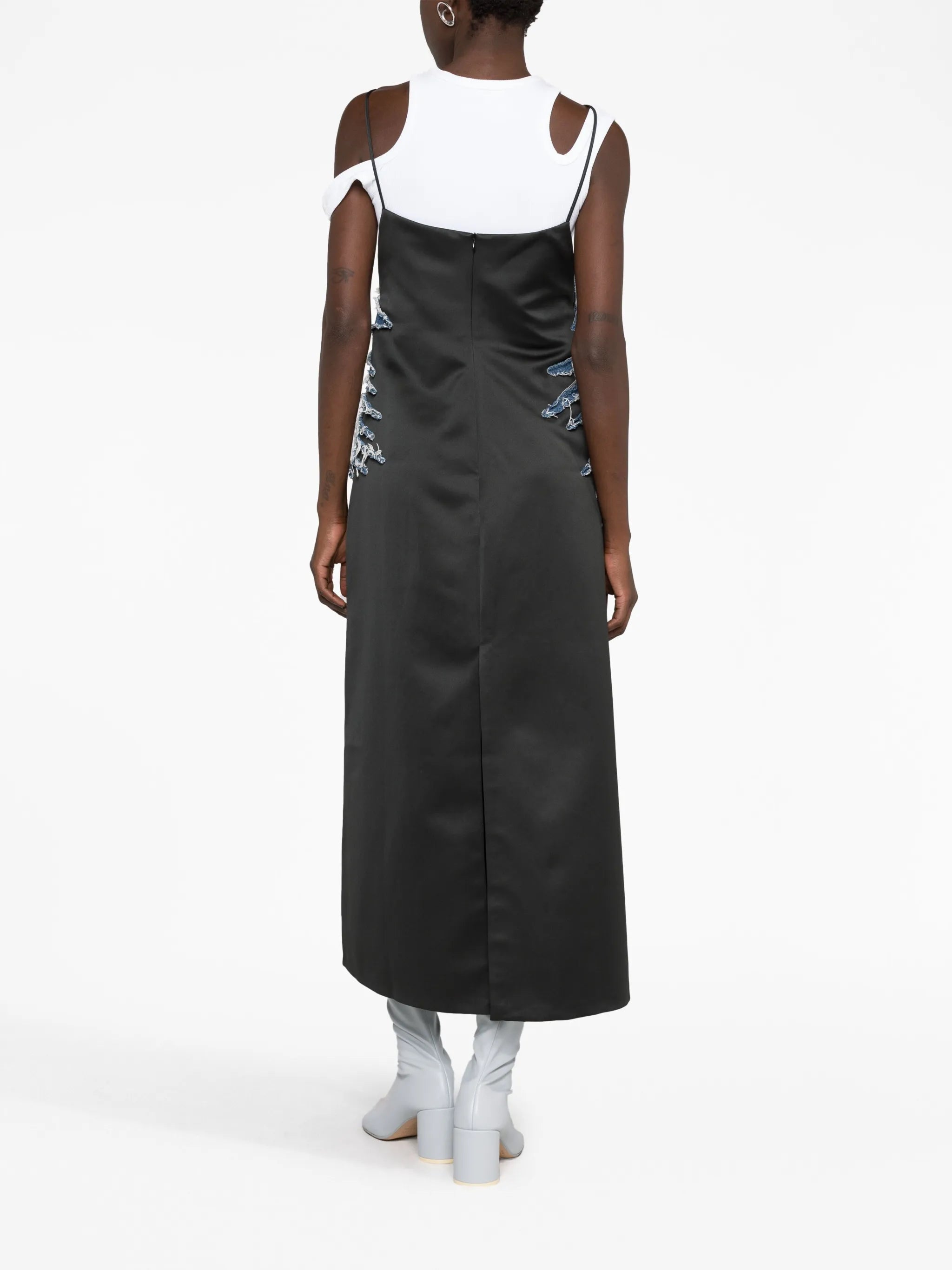 Whisker denim-panelled satin dress