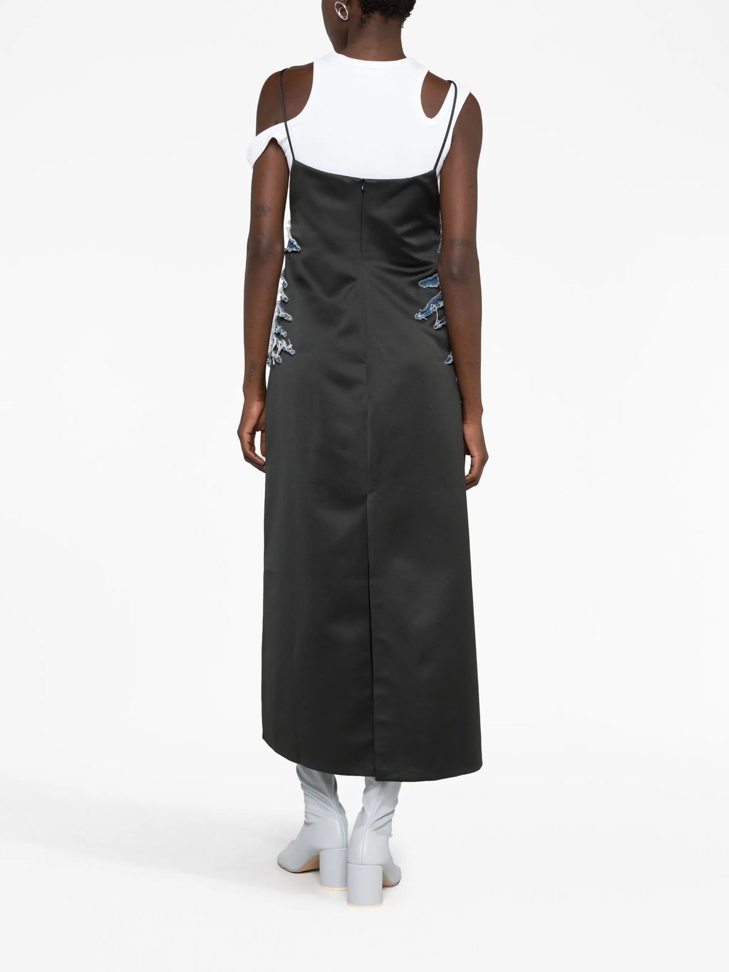 Whisker denim-panelled satin dress