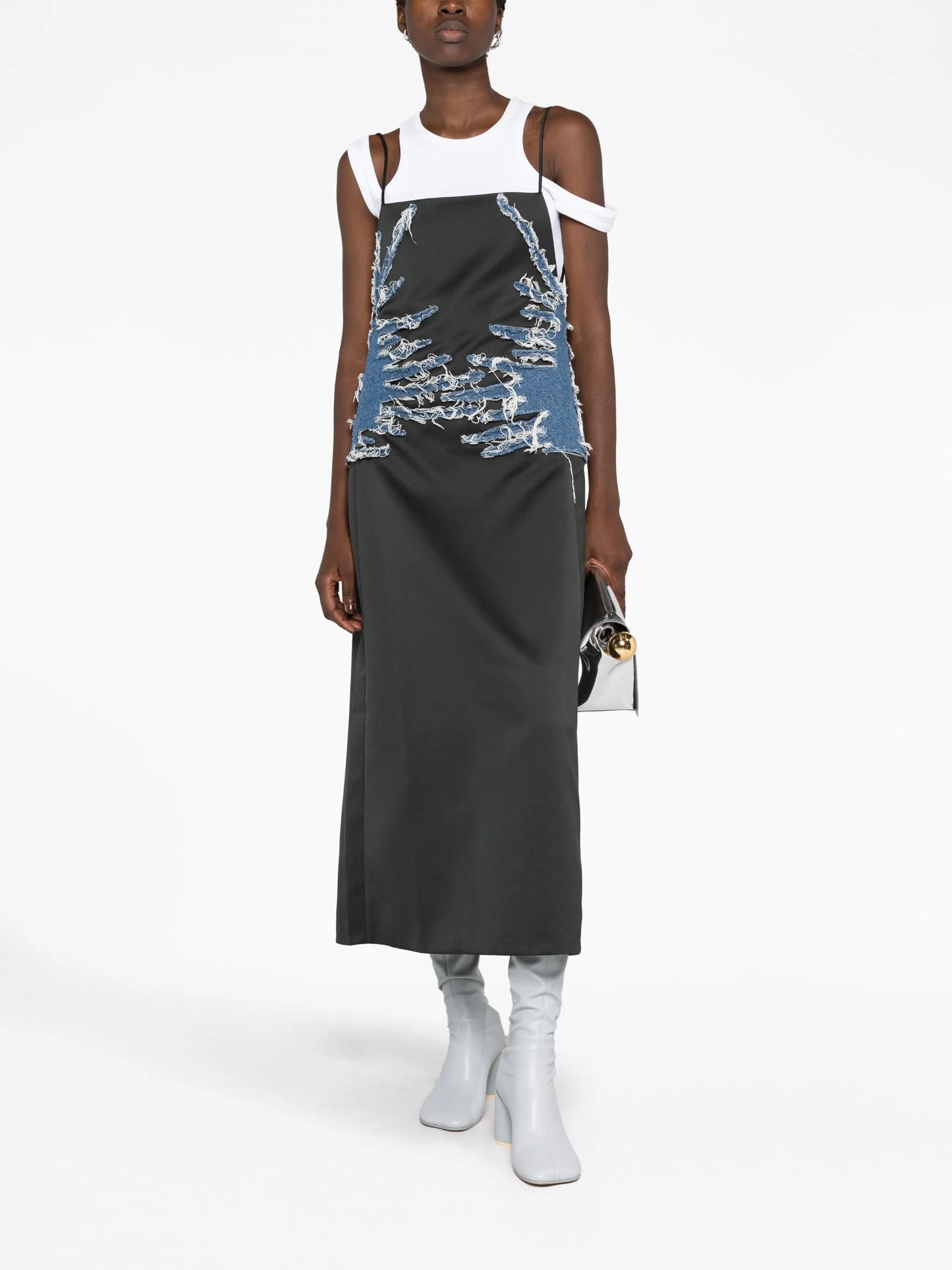Whisker denim-panelled satin dress