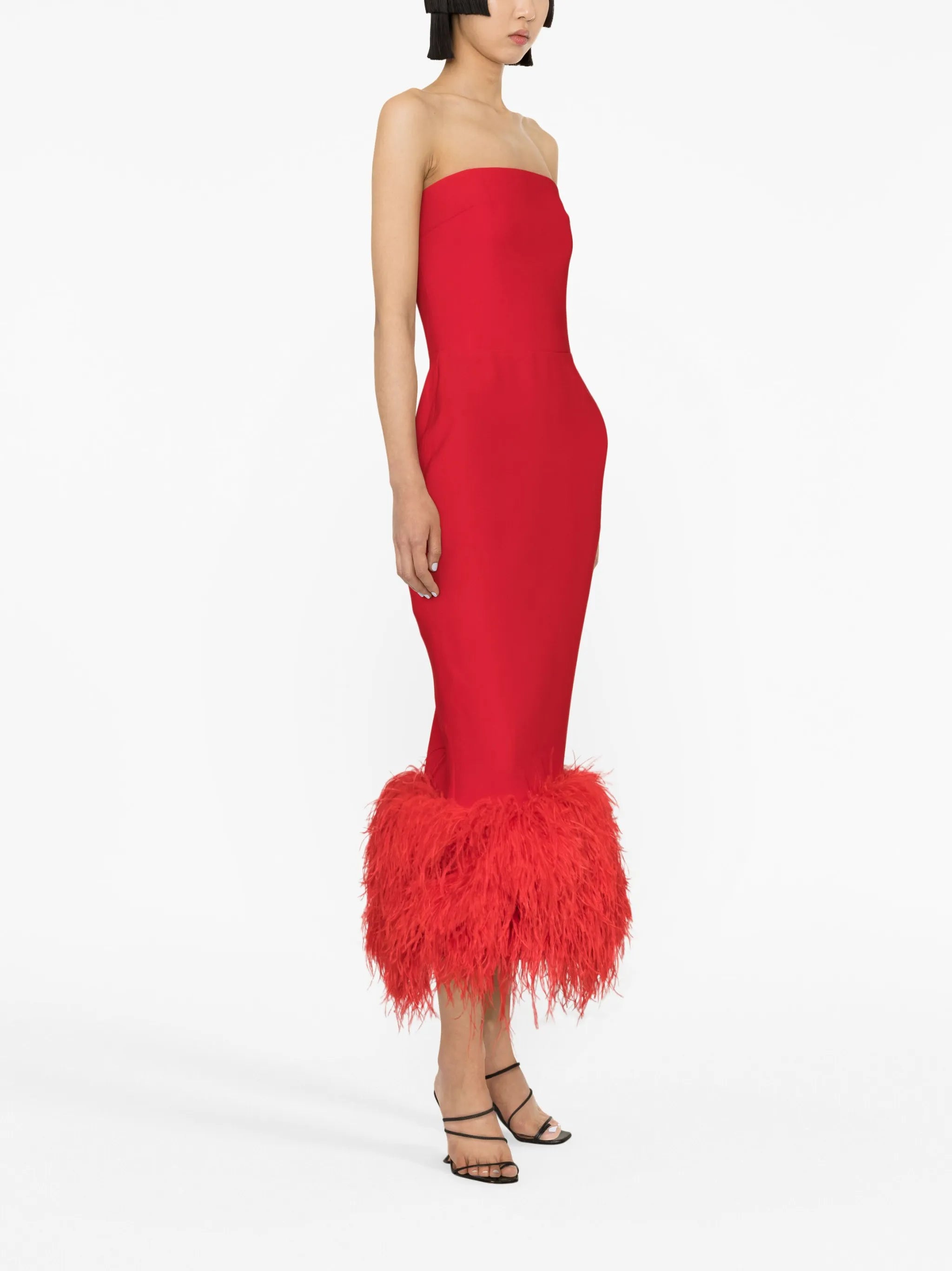 feather-trim midi dress