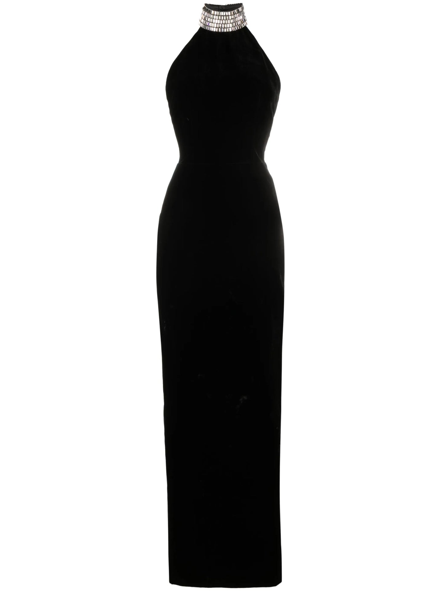 embellished-neckline velvet maxi dress