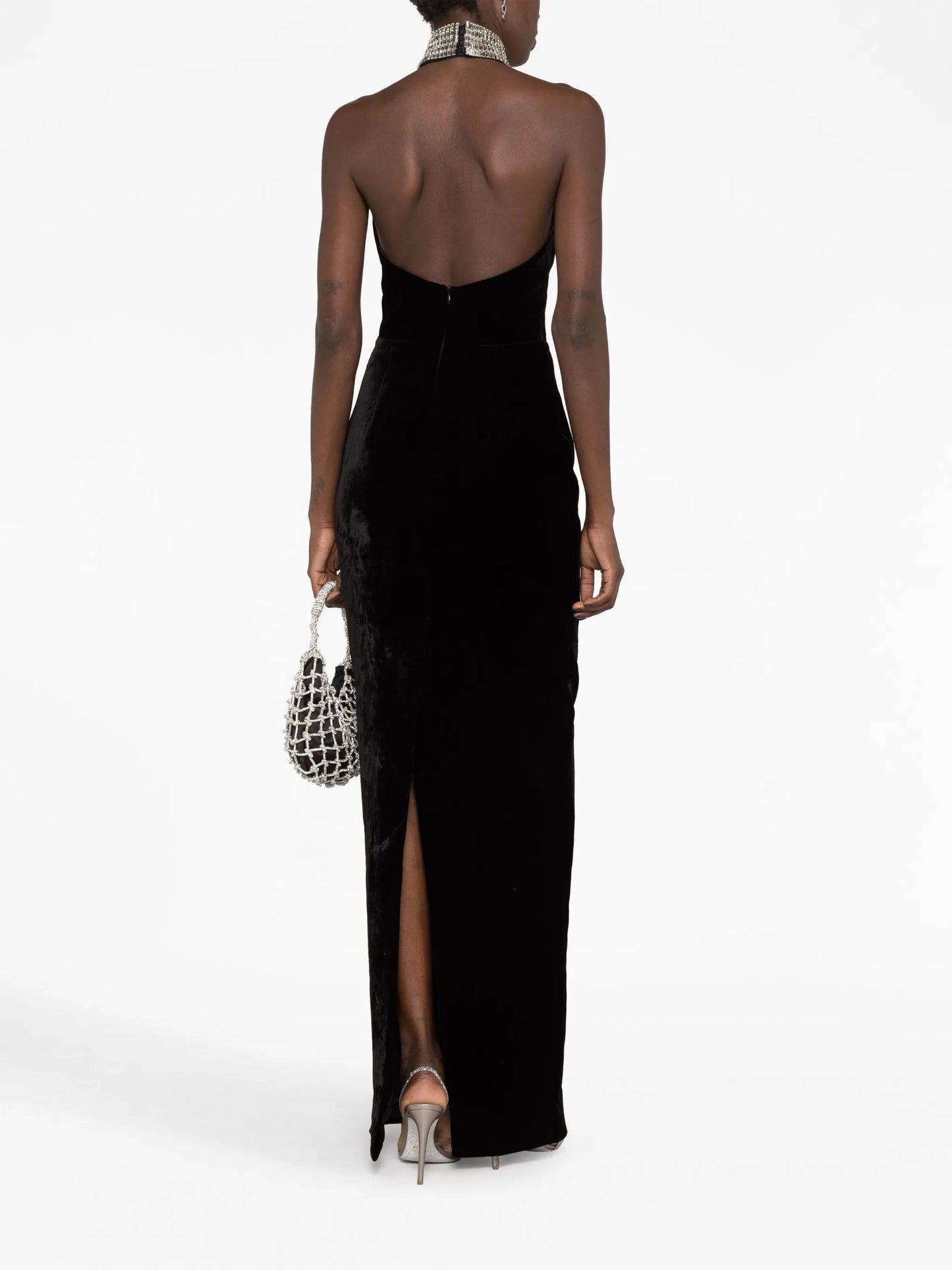 embellished-neckline velvet maxi dress