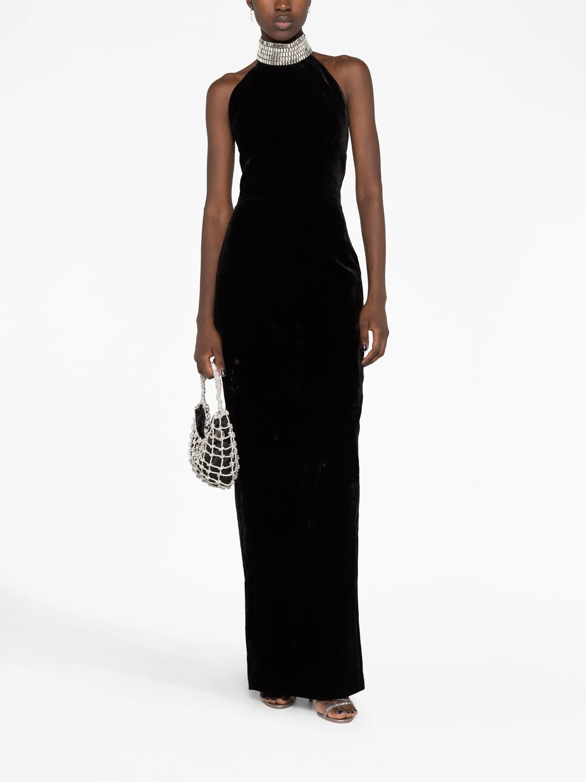 embellished-neckline velvet maxi dress