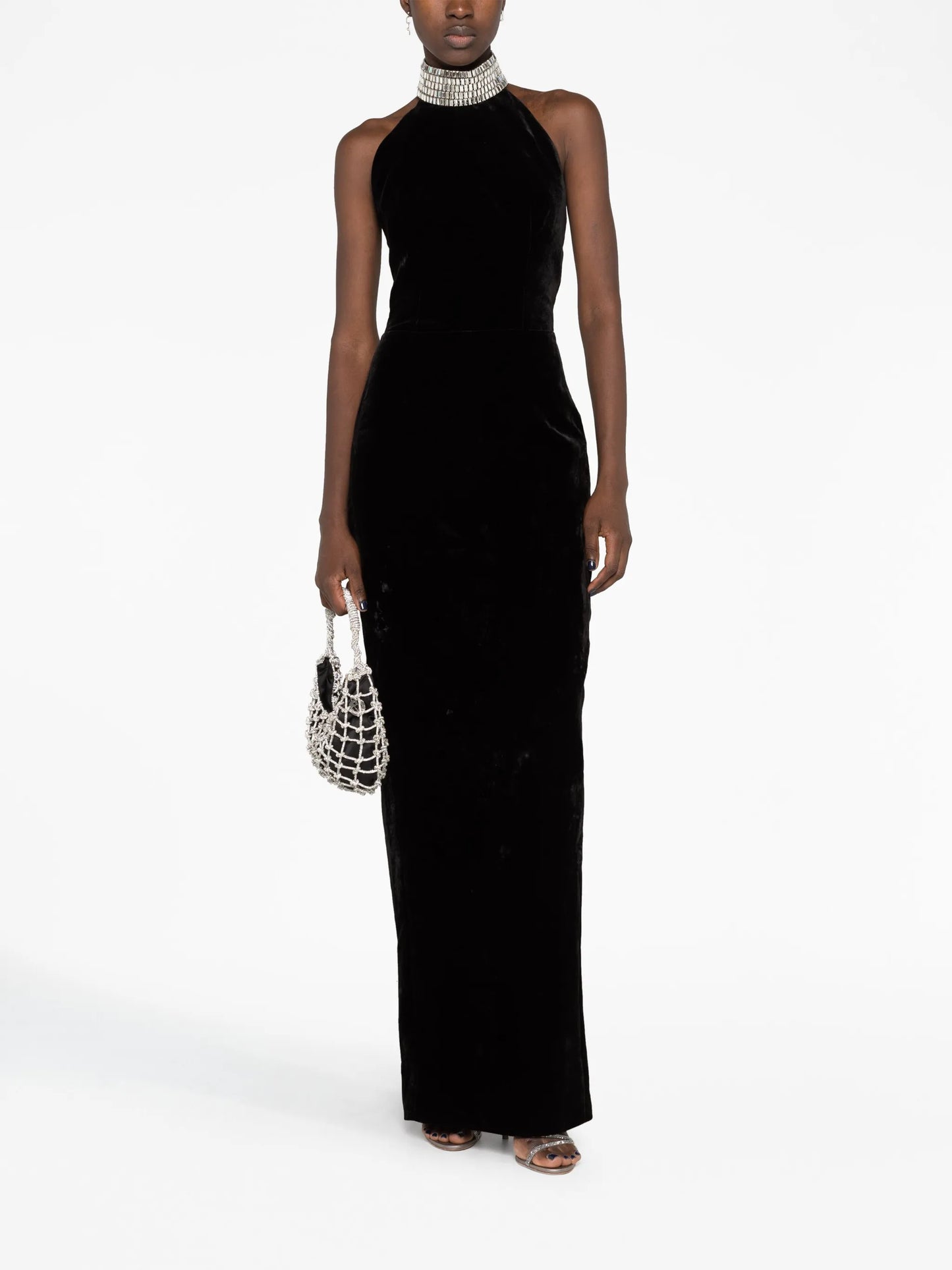 embellished-neckline velvet maxi dress