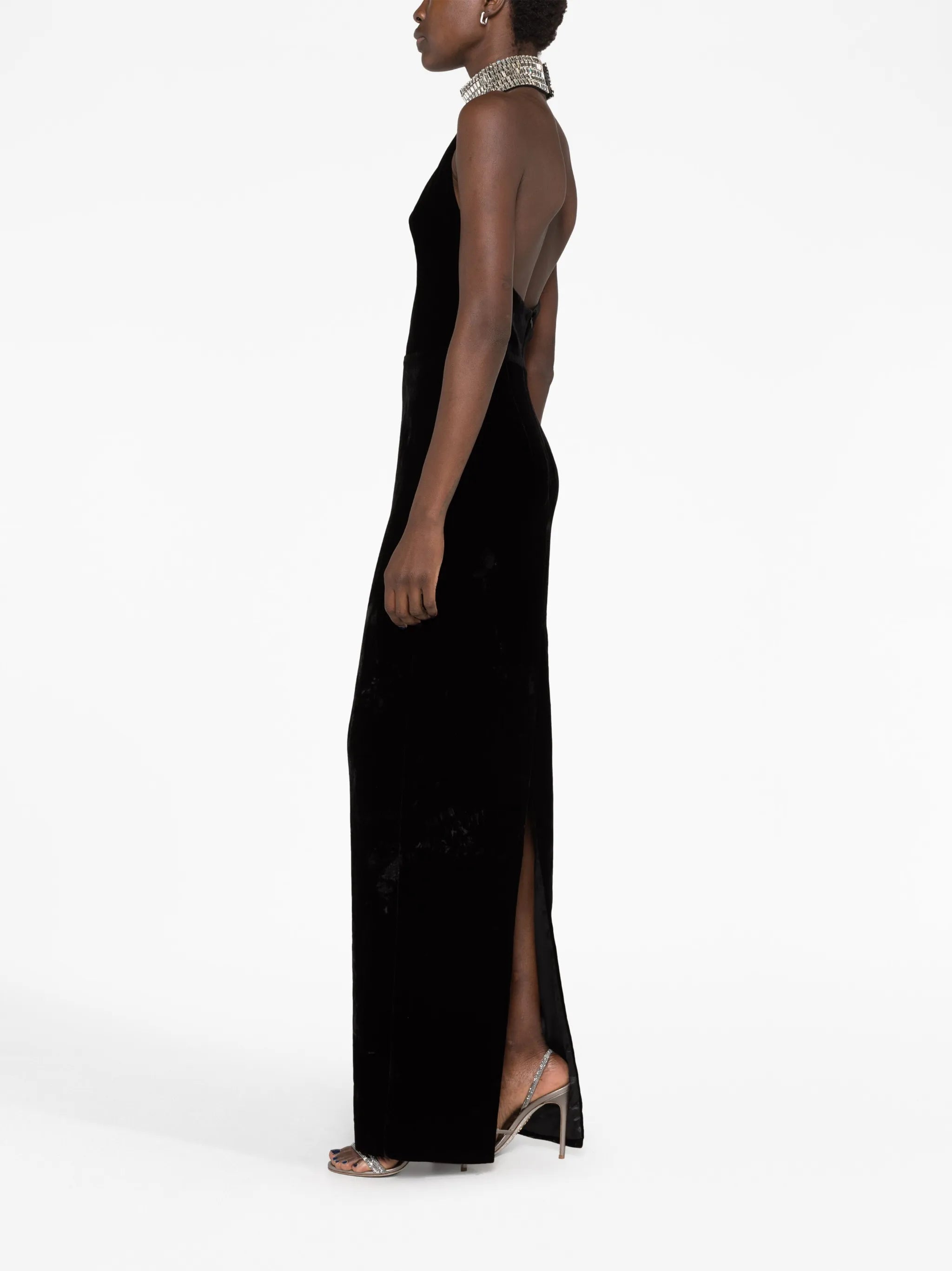 embellished-neckline velvet maxi dress