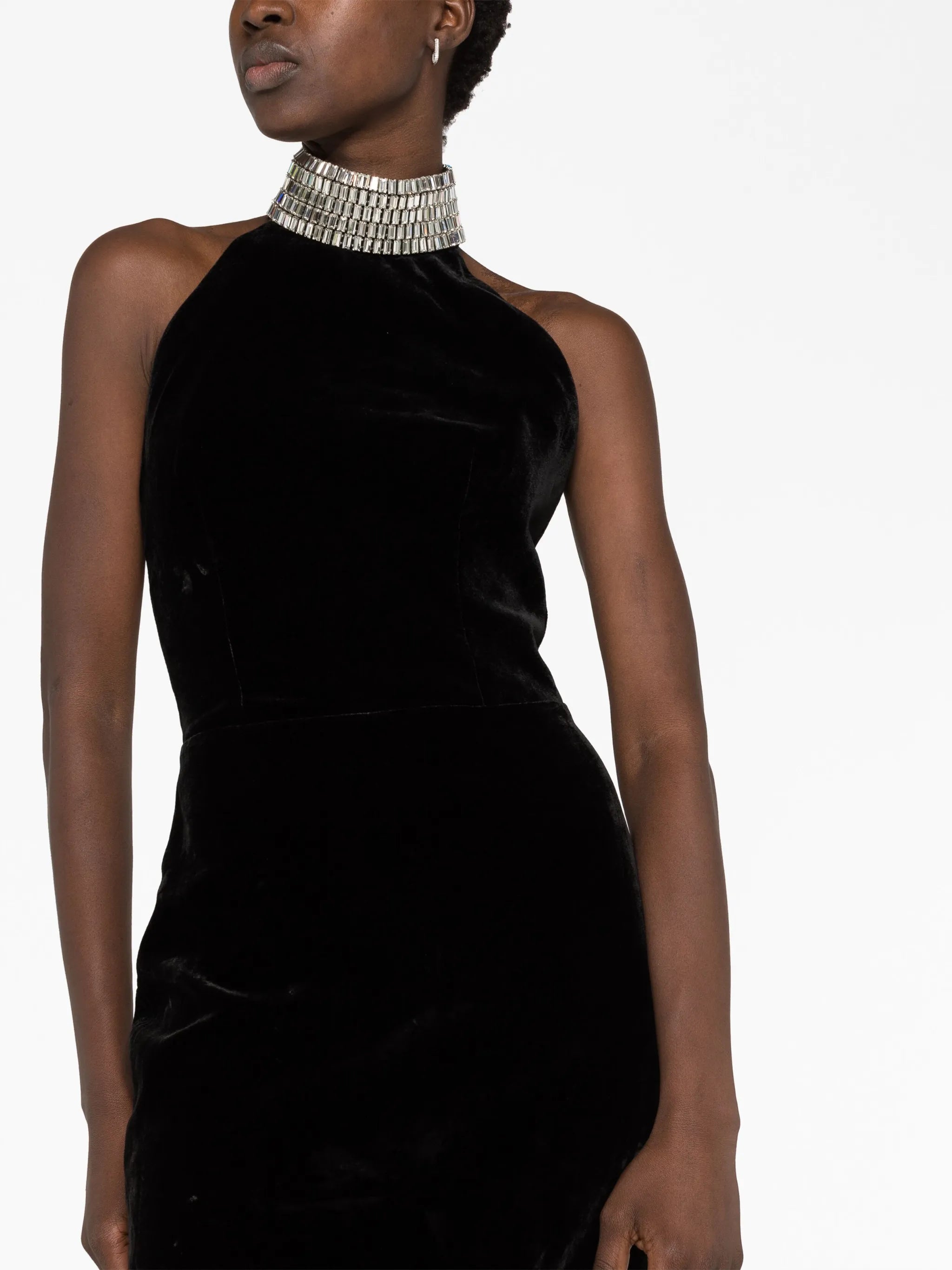 embellished-neckline velvet maxi dress