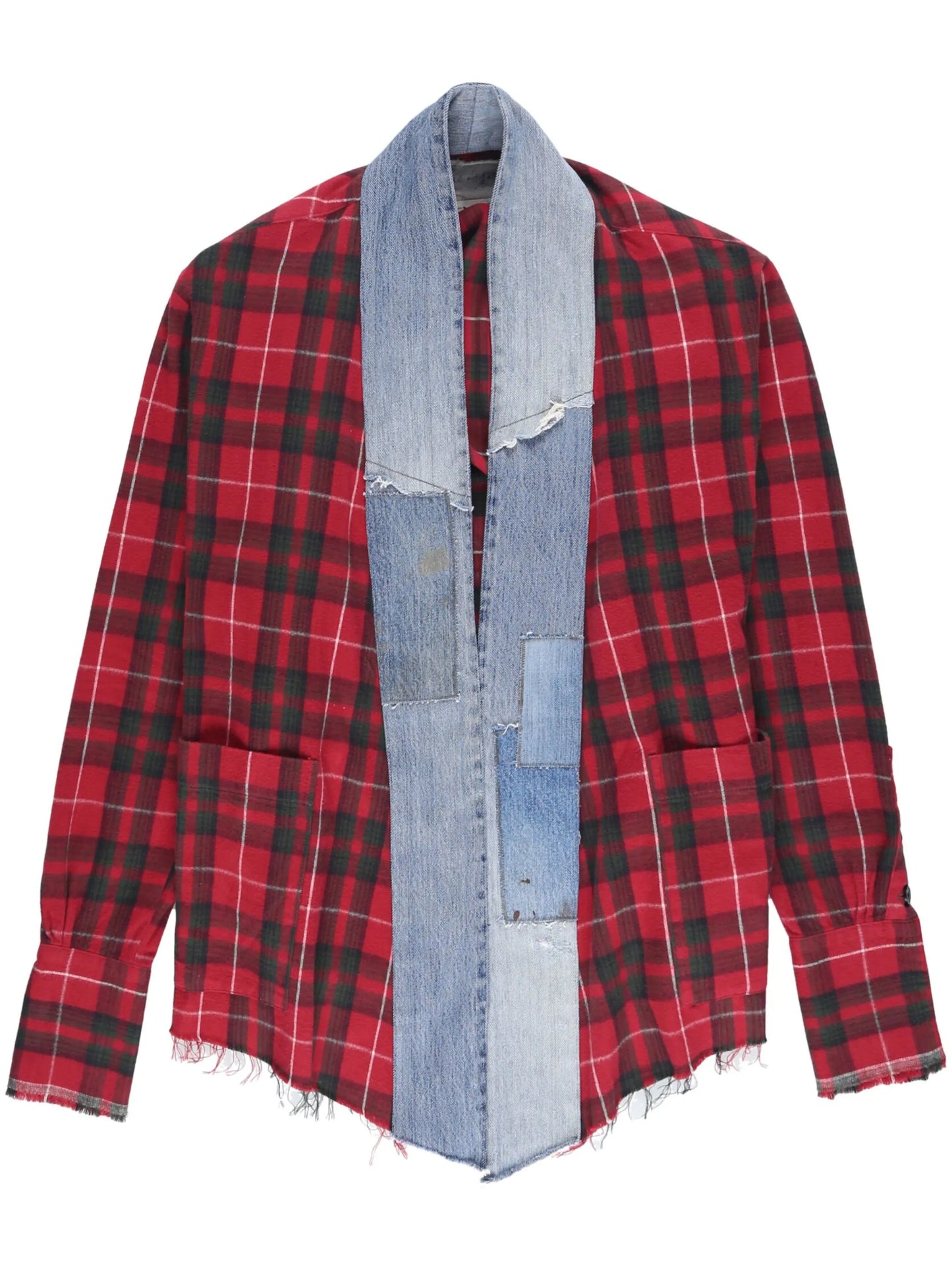 check-print denim-detail open shirt