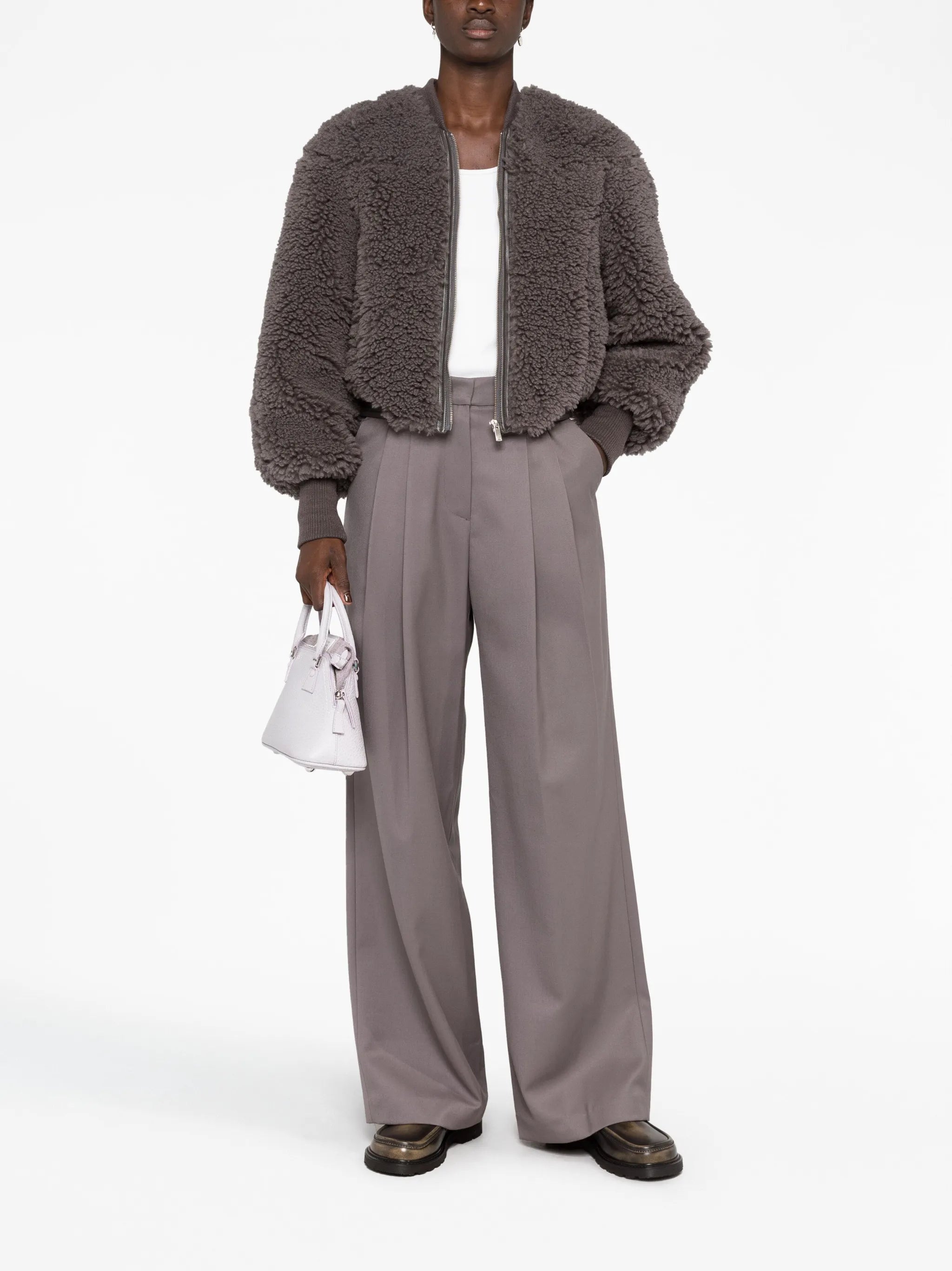 cropped faux-shearling bomber jacket