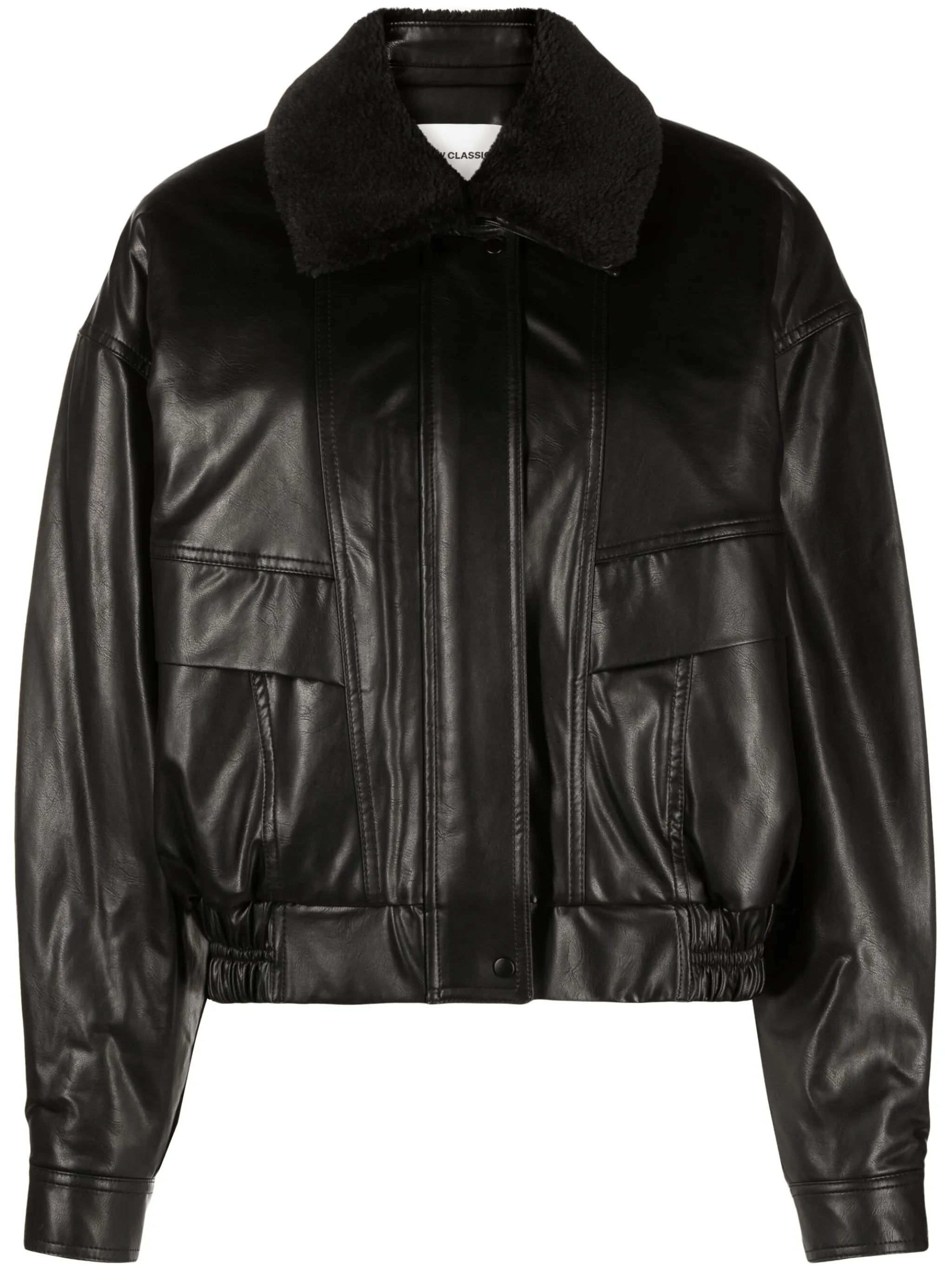 shearling-collar faux-leather jacket