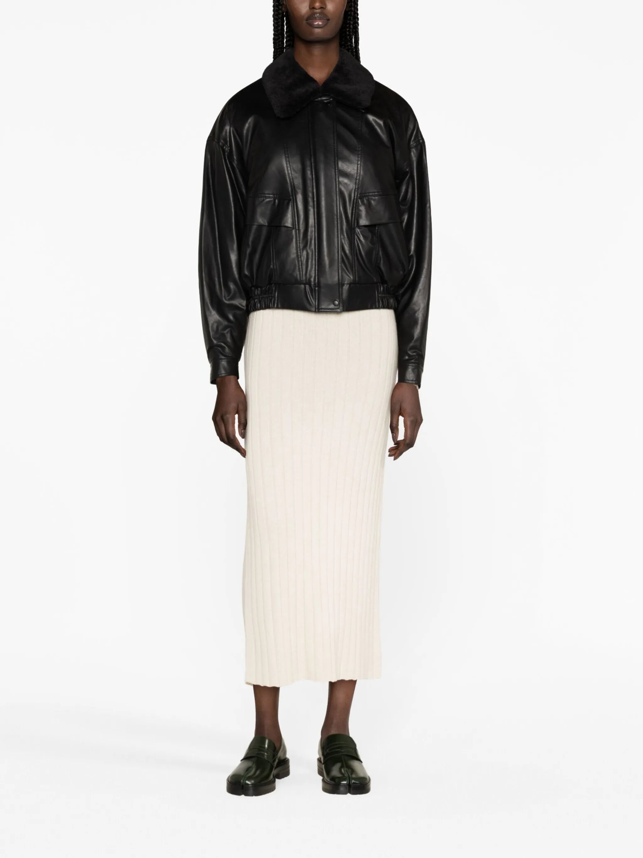 shearling-collar faux-leather jacket
