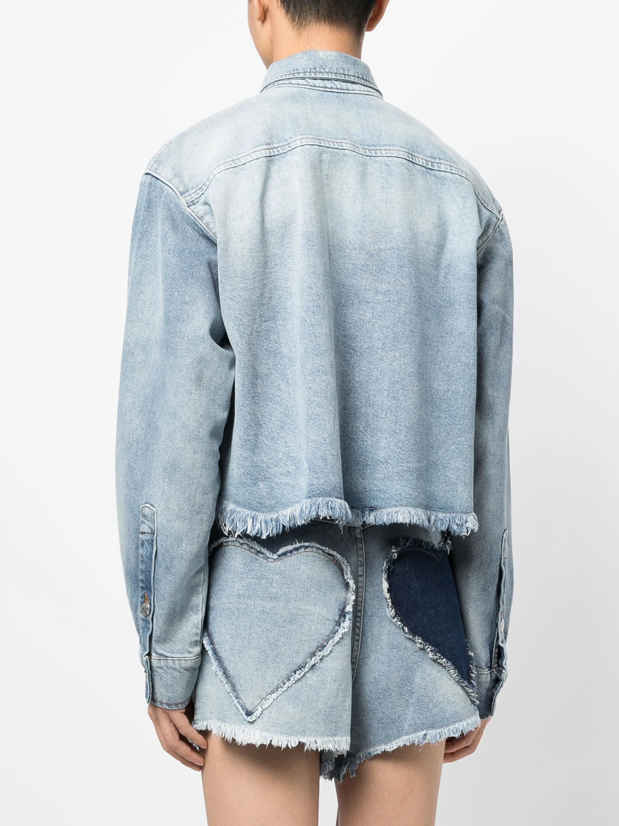 heart-appliqué frayed denim shirt