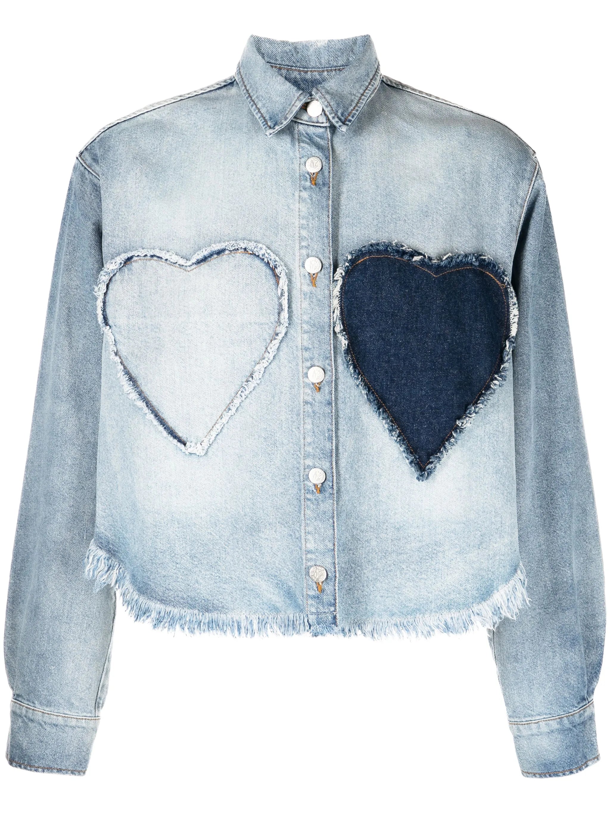 heart-appliqué frayed denim shirt