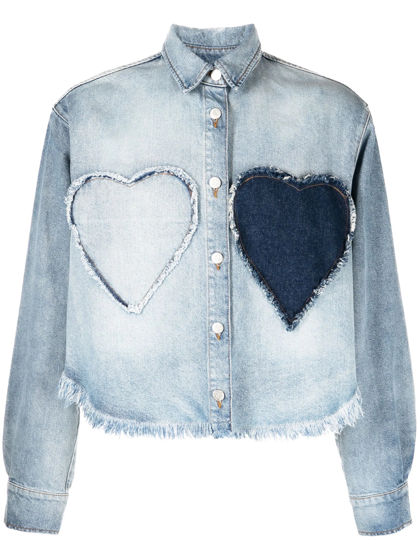 heart-appliqué frayed denim shirt
