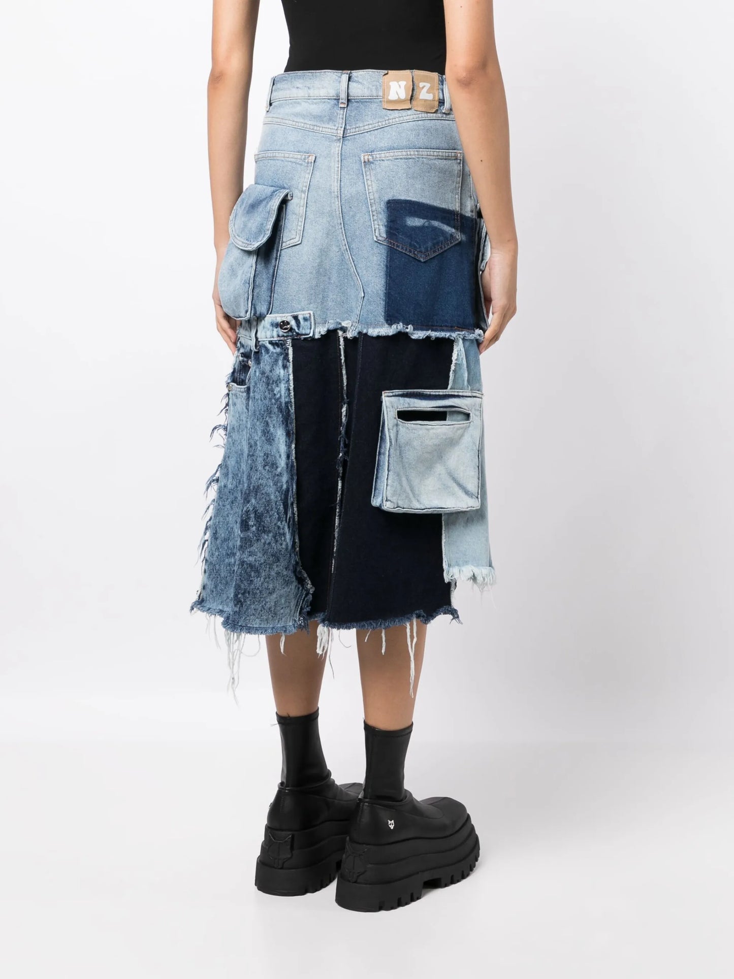 patchwork asymmetric denim skirt