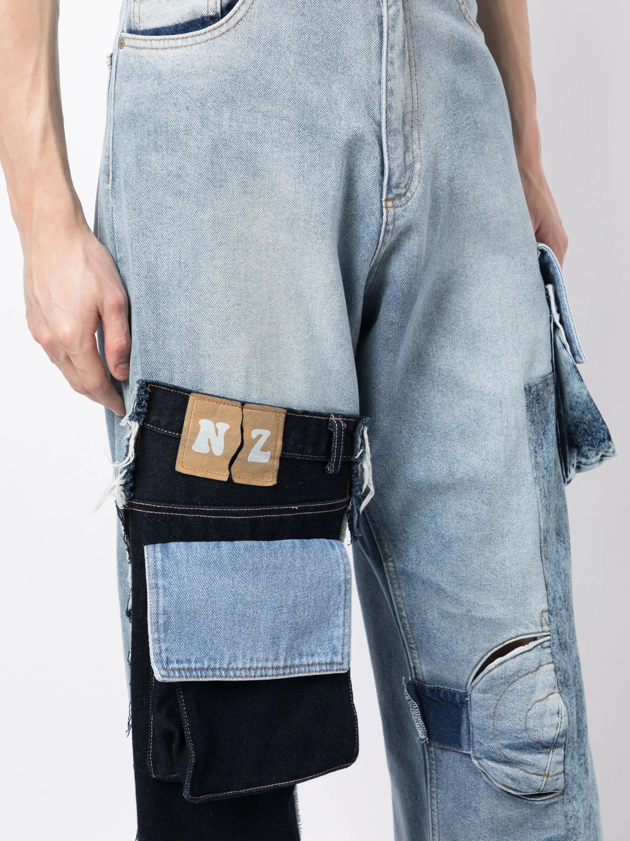 patchwork cargo mid-raise jeans