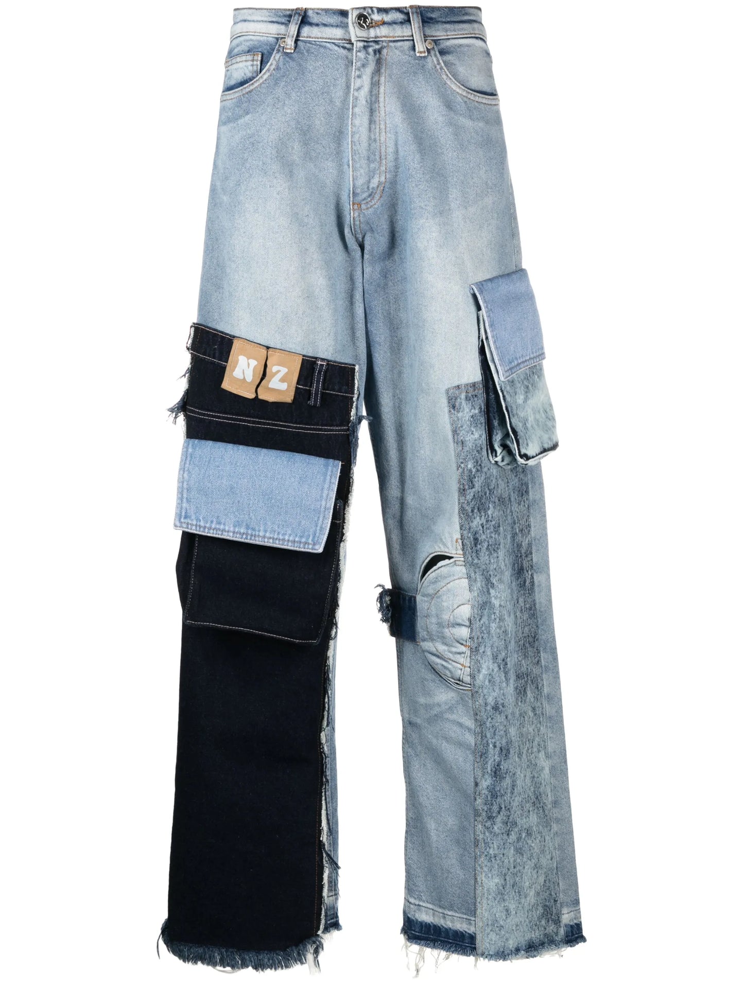 patchwork cargo mid-raise jeans