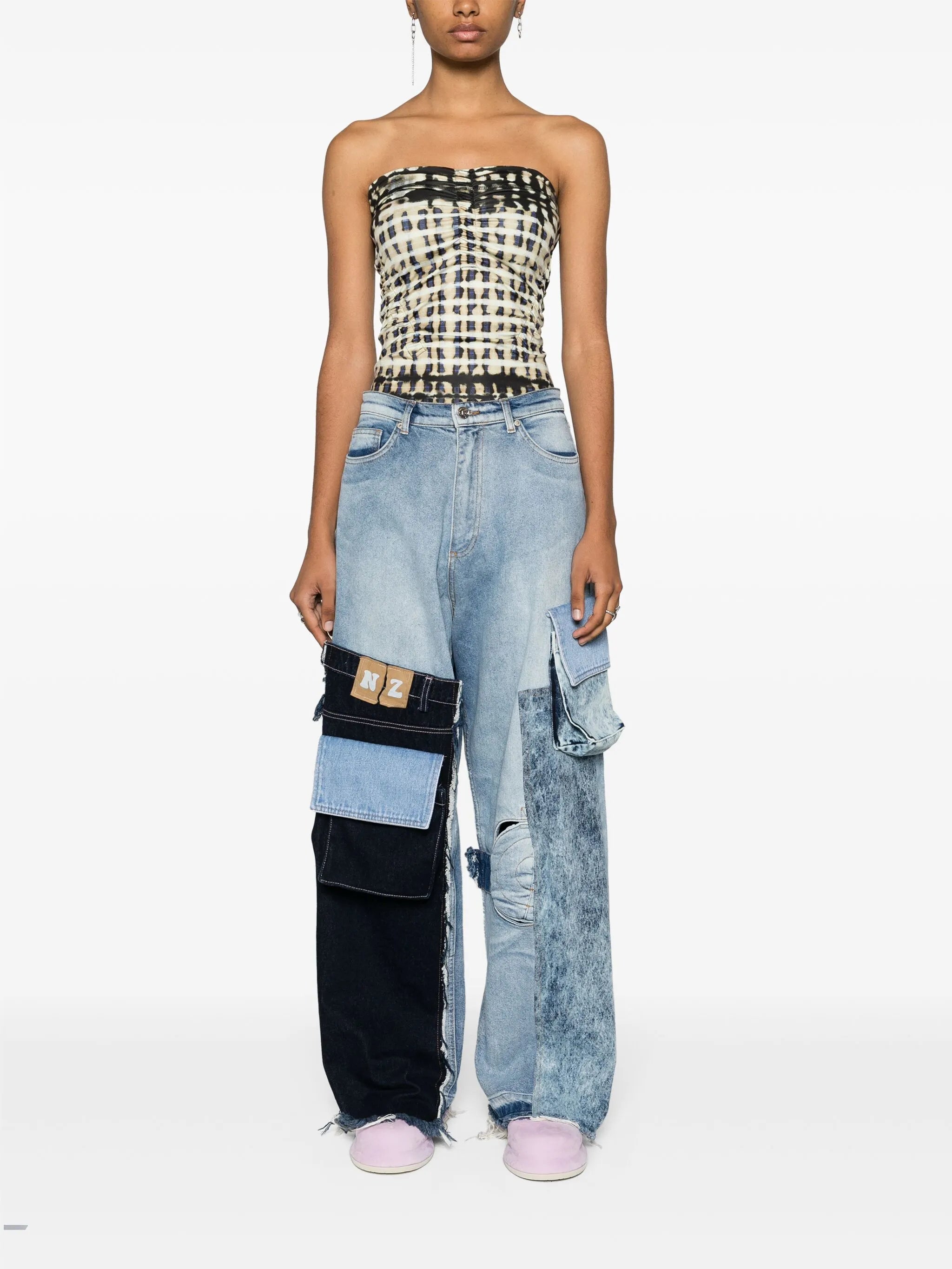 patchwork cargo mid-raise jeans