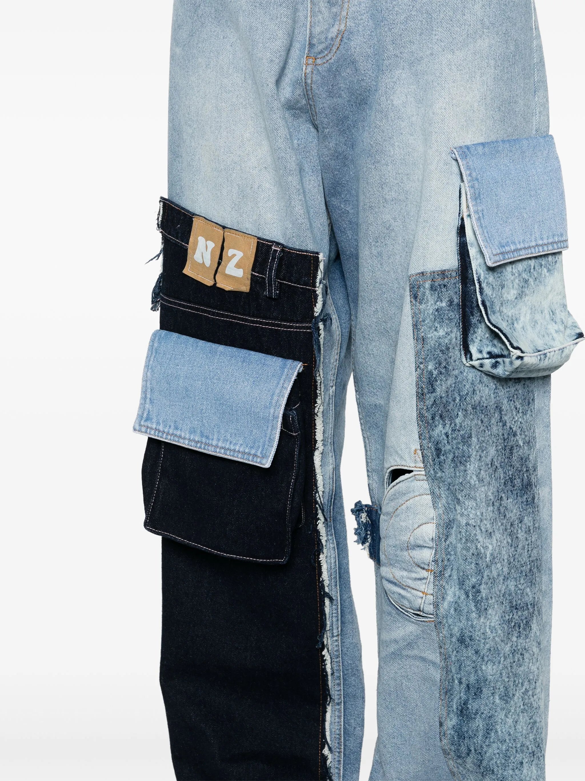 patchwork cargo mid-raise jeans