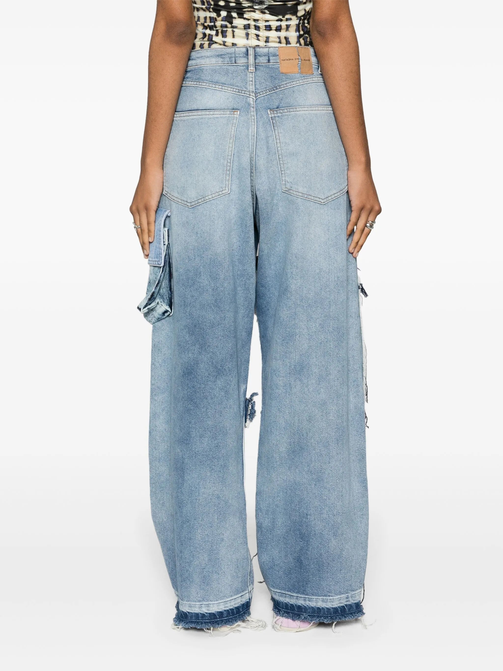 patchwork cargo mid-raise jeans