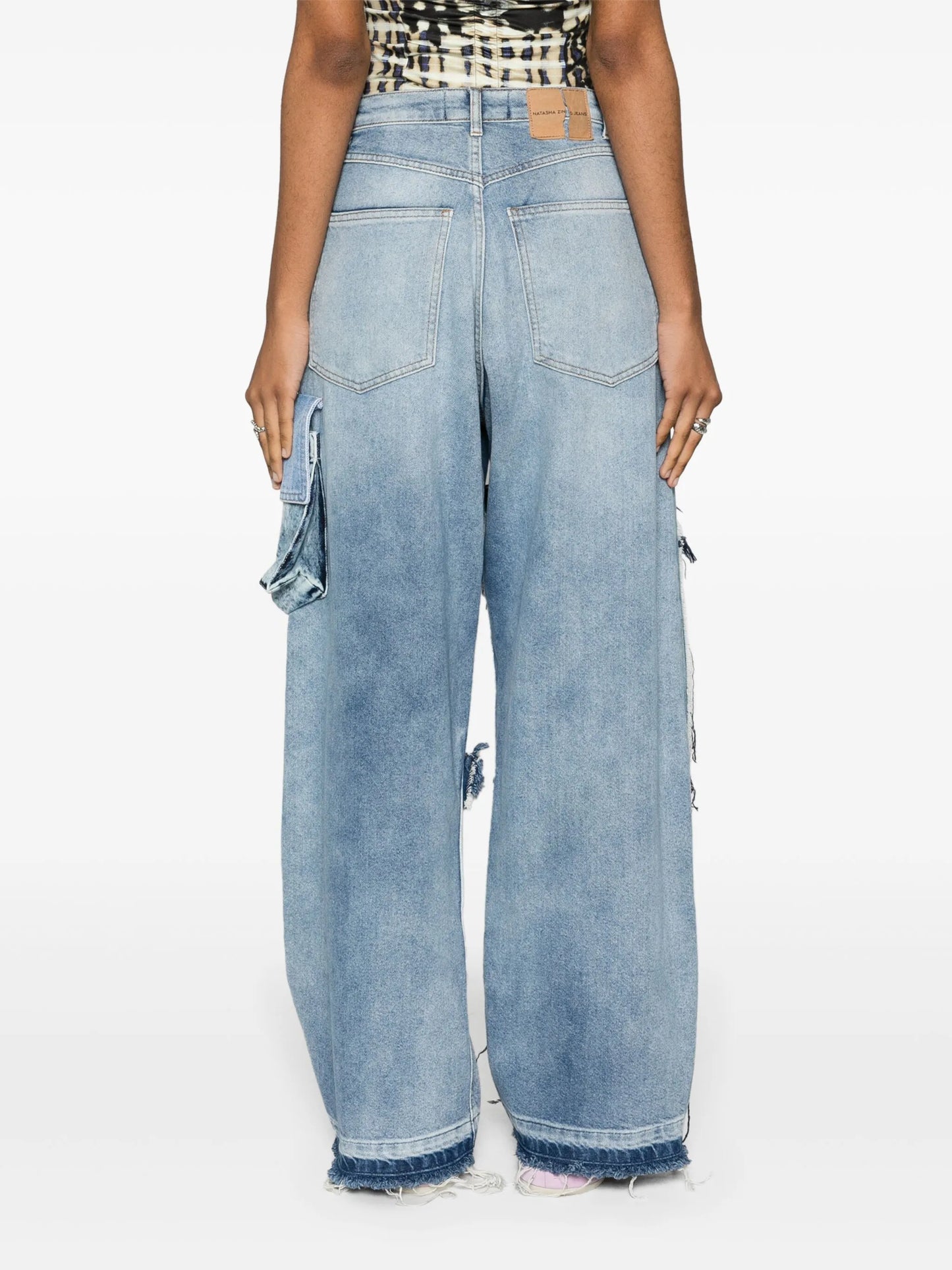 patchwork cargo mid-raise jeans